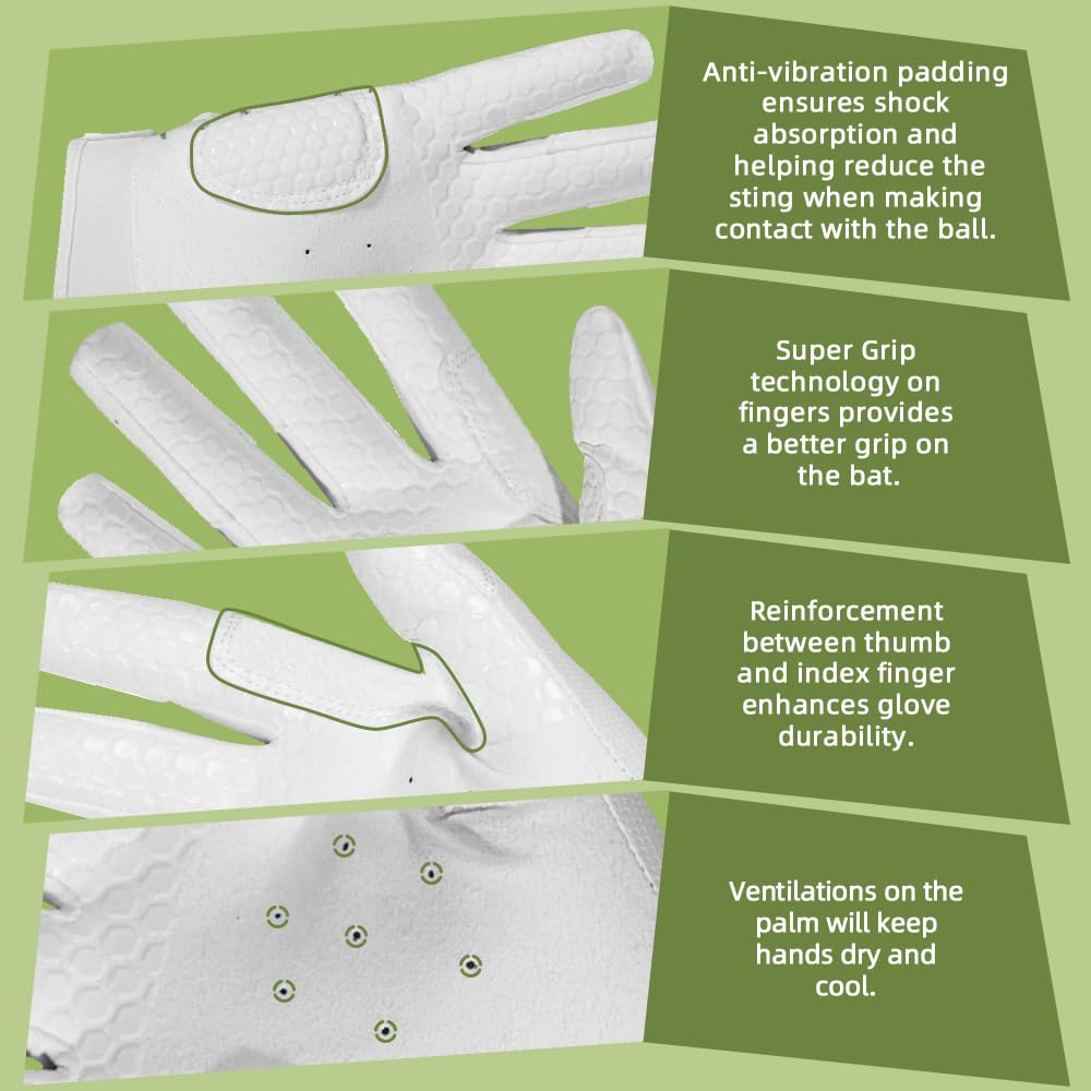 Seibertron B-A-R Pro 2.0 Signature Baseball/Softball Batting Gloves Super Grip Finger Fit For Youth (White, Xl)