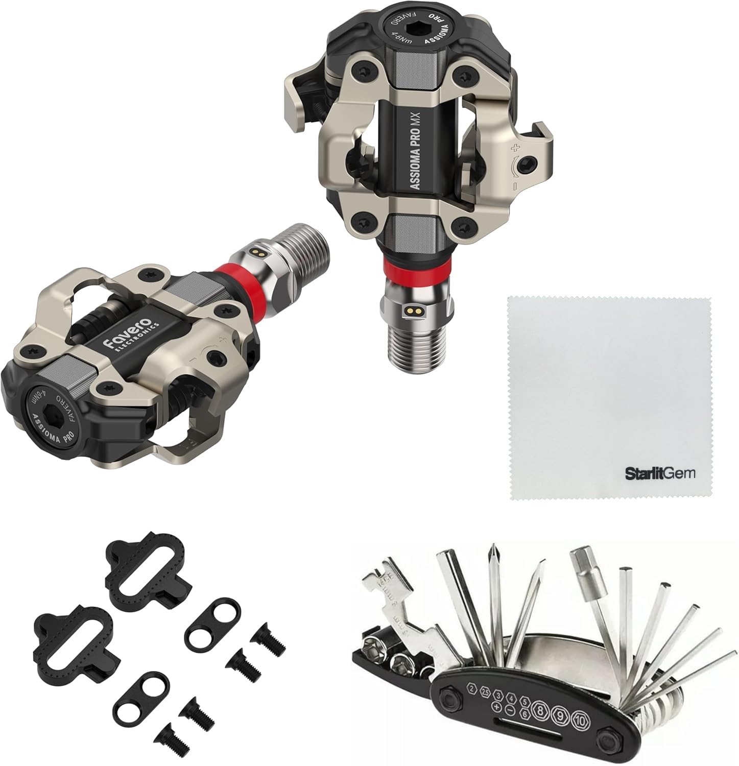 Favero Assioma Pro MX-2 Upgraded Dual-Sided Power Meter Pedals Bundled with Extra SPD Cleats, Multi Tool Kit and Cleaning Cloth