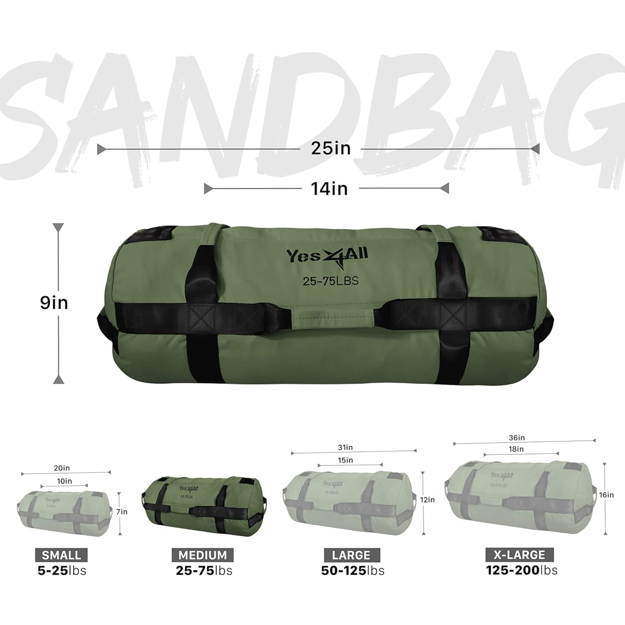 Yes4All Workout Sandbags, Heavy Duty Sandbags For Fitness, Conditioning, Mma & Combat Sports - Army Green - M