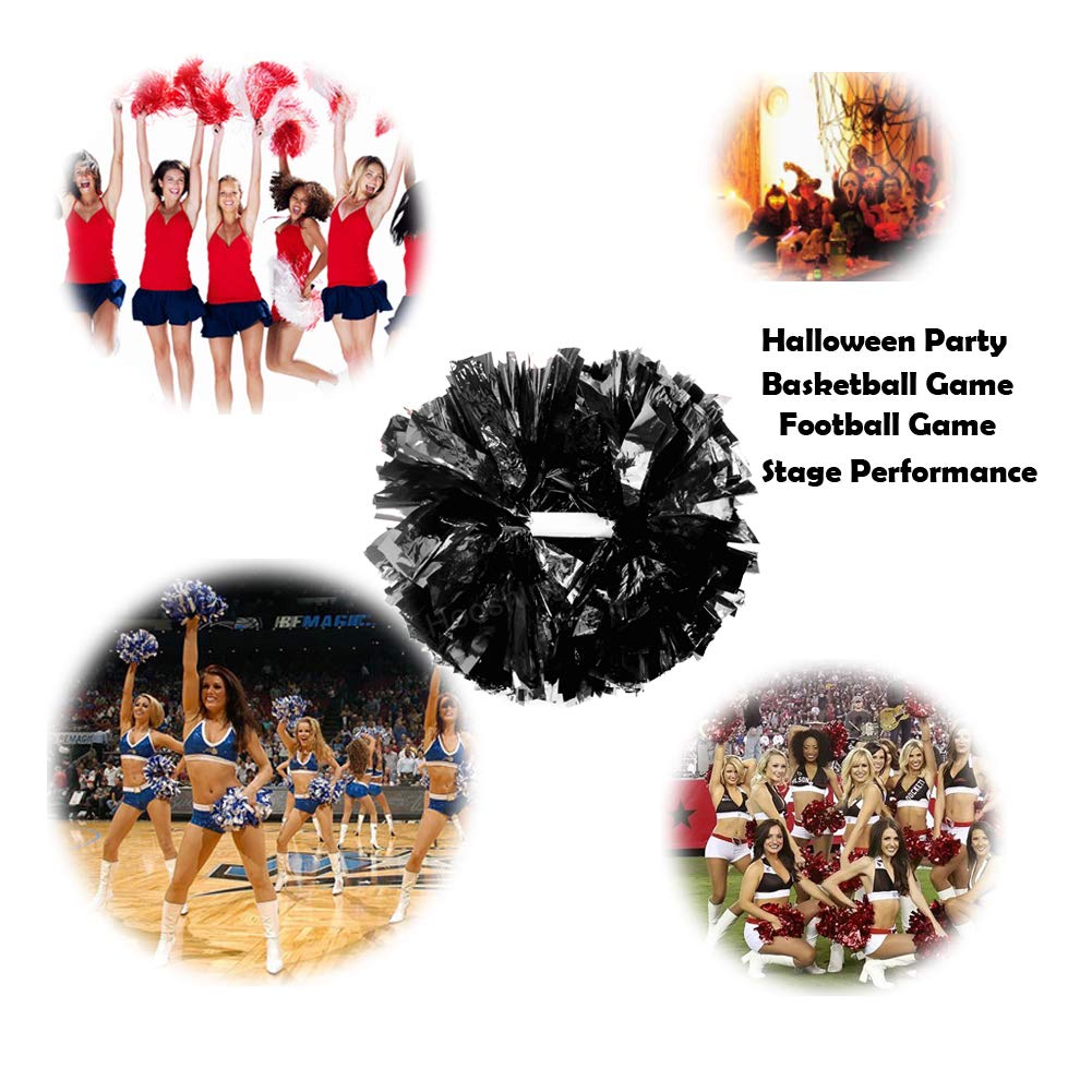 Hooshing 2 Pack Pom Poms Cheerleading Black Metallic With Baton Handle For Cheerleader Sports Dance Team Spirit Party Kids Adult
