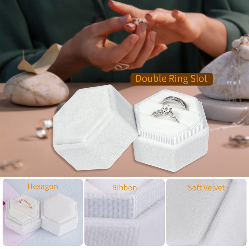 Smileshe Ring Box, Velvet Jewelry Boxes For Proposal Engagement Wedding Ceremony, Hexagon Mini Double Ring Slot Bearer Case With