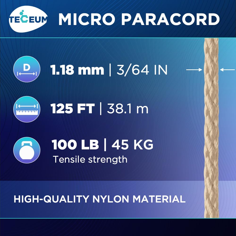 Teceum Micro Paracord - Beige - 1.18 Mm X 125 Ft - Micro Utility Cord - Thin Braided Paracord Rope Nylon Polyester - Wind Chime