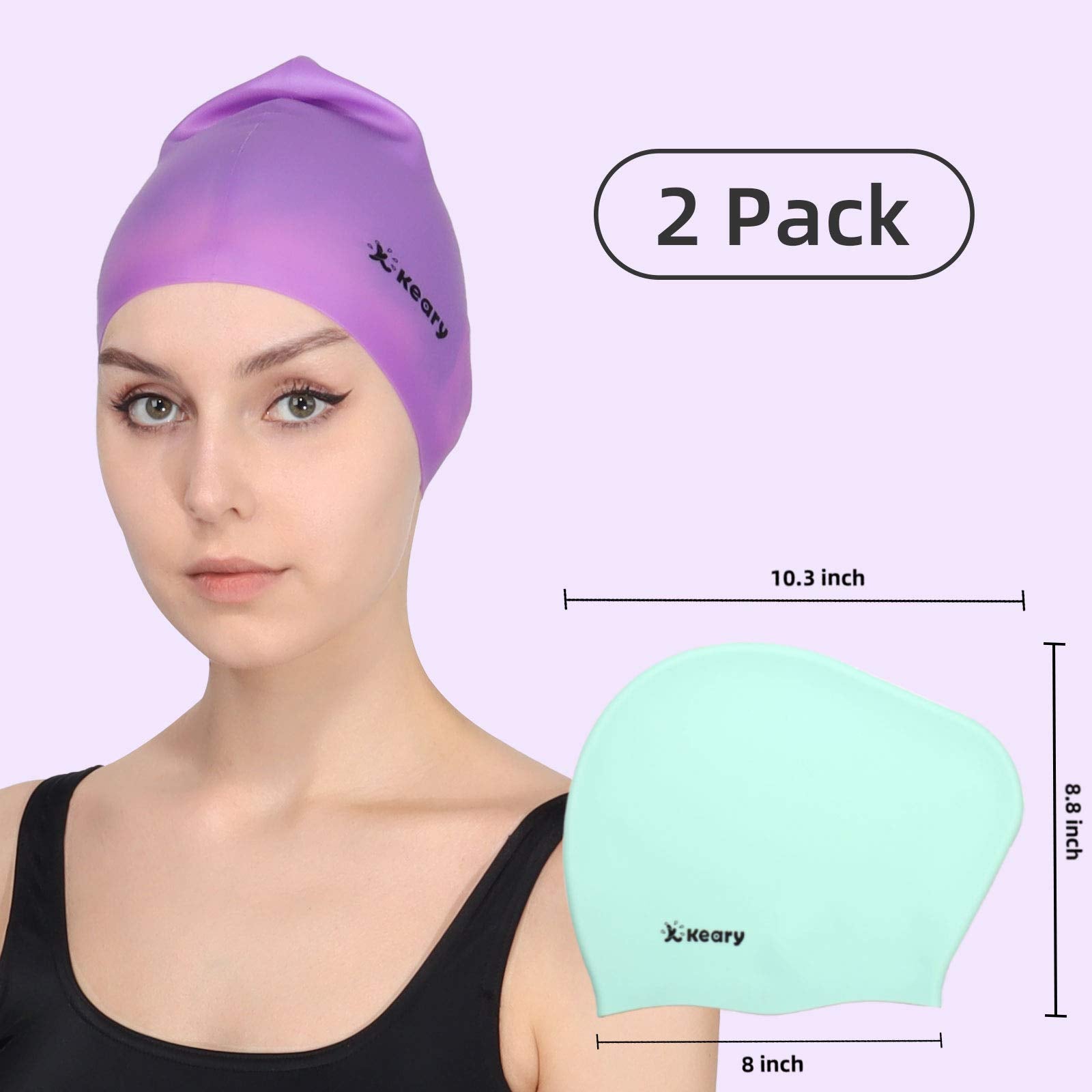 Keary 2 Pack Silicone Swim Cap For Long Hair Women Girls Waterproof Pool Swimming Cap Cover Ears To Keep Your Hair Dry, 3D Ergon