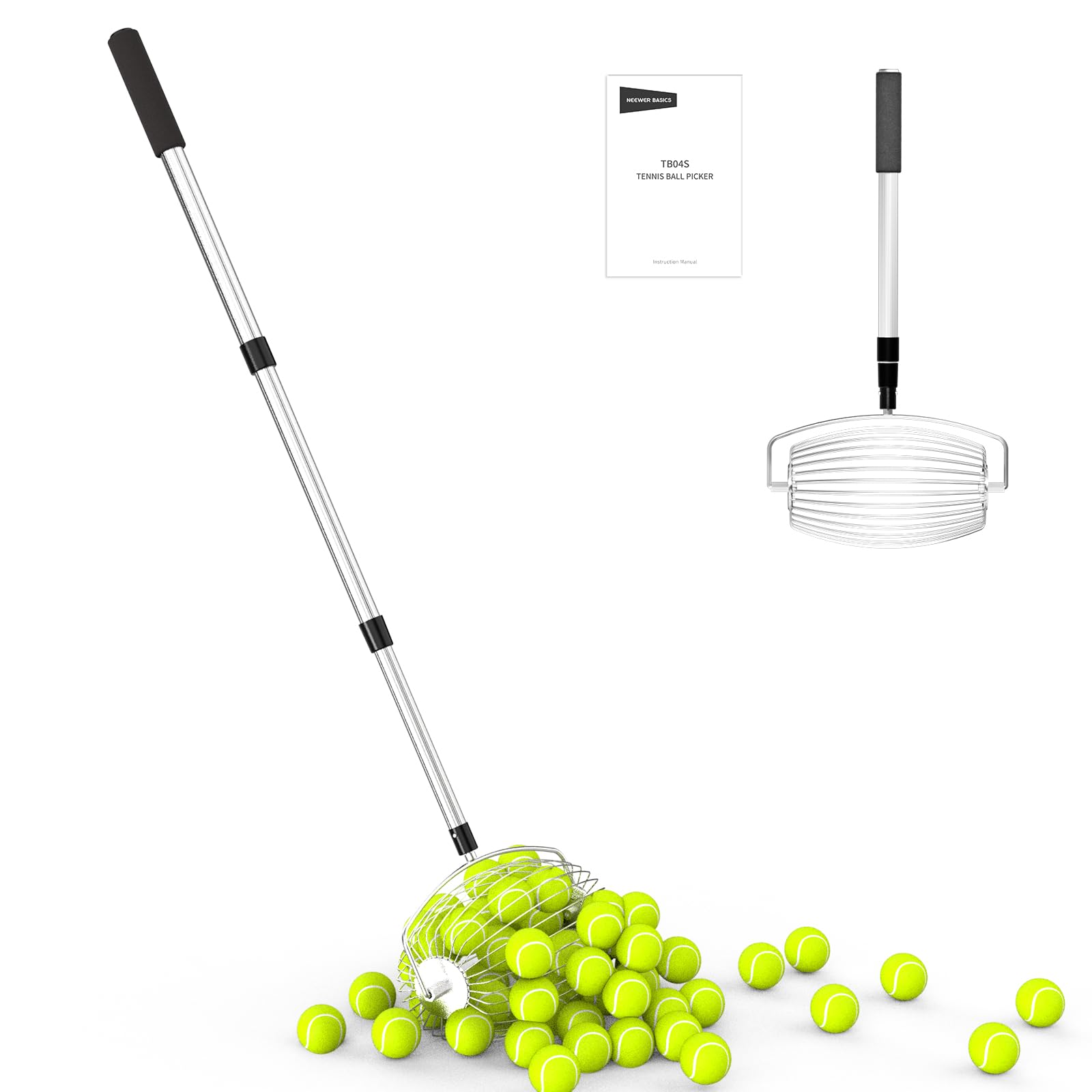 NEEWER Basics Tennis Ball Picker Upper Hopper, No Bending Over Quick Rolling Oval Collector Pickleball Pickup Holder, 27.5-54.3/