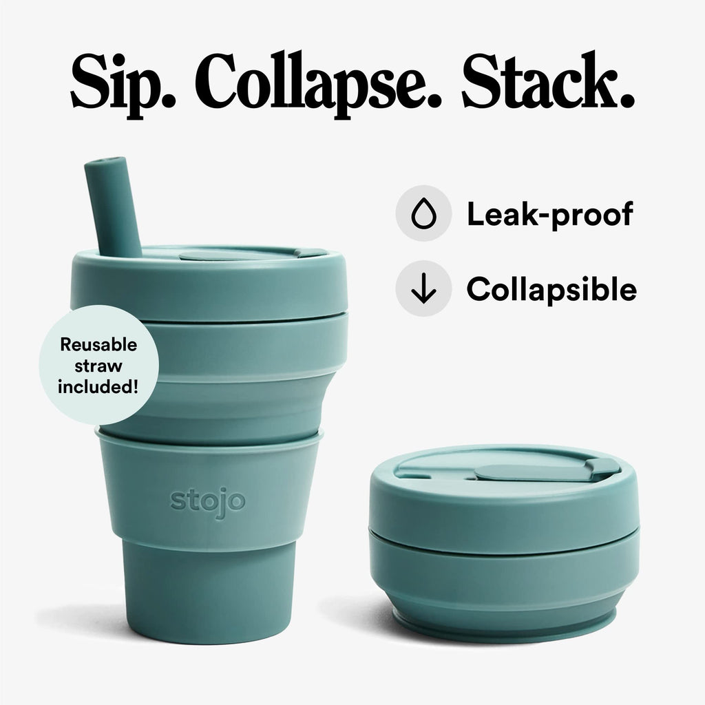 Stojo Collapsible Travel Cup With Straw- Eucalyptus, 16Oz / 470Ml - Reusable To-Go Pocket Size Silicone Cup For Hot And Cold Dri