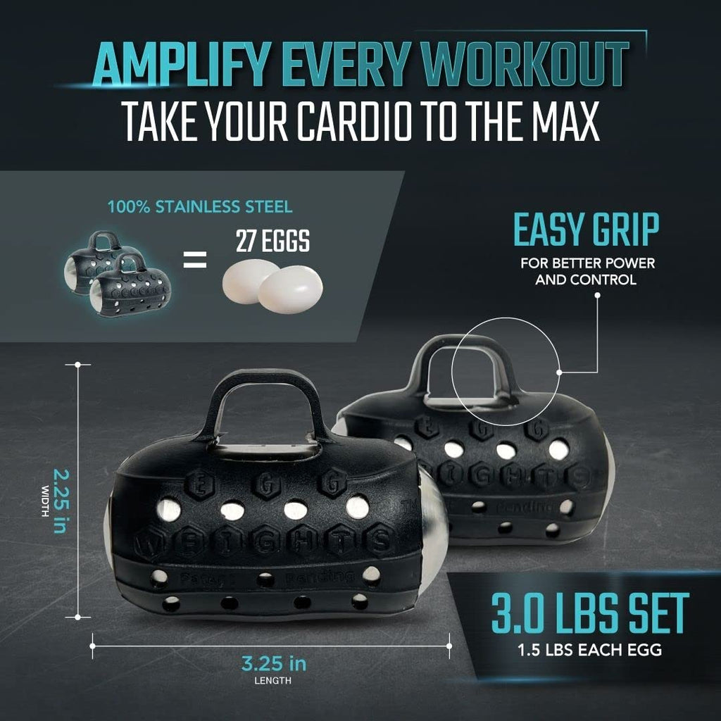 Handheld Weights Cardio Max 3.0 Lbs (2 Eggs, 1.5 B Each) Stainless Steel Set (Black) + Free E-Book Workout Guide. Palm-Centered