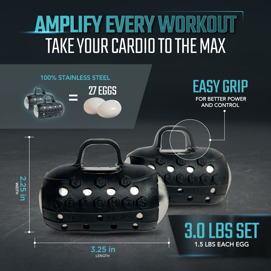 Handheld Weights Cardio Max 3.0 Lbs (2 Eggs, 1.5 B Each) Stainless Steel Set (Black) + Free E-Book Workout Guide. Palm-Centered