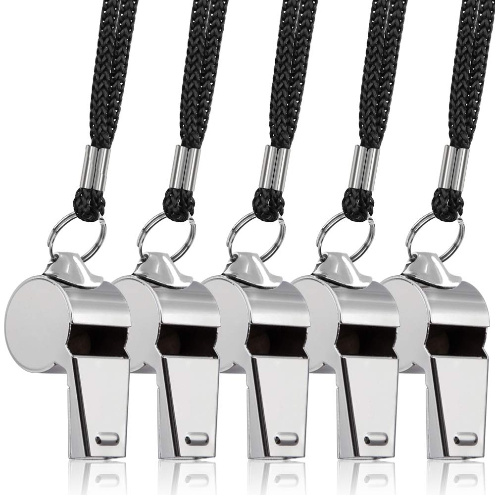 Finegood 5 Packs Stainless Steel Whistle, Loud Metal Whistle With Lanyard For Referees Coaches Lifeguards Survival Emergency Foo