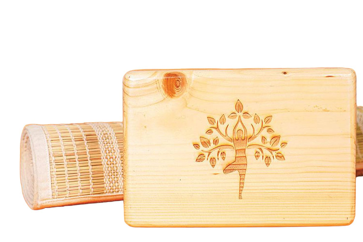Indic Inspirations  EcoFriendly Wooden Yoga Block for Balance & Support | LaserEtched Asanas (Padmasana, Vrikshasana) | Light