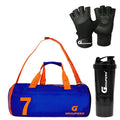 Groupers Blue 2025L Gym Bag Combo  Duffle (432523 Cm) With Shoe Compartment + 500Ml Shaker & Ventilated Wrist Wrap Gloves, Fol