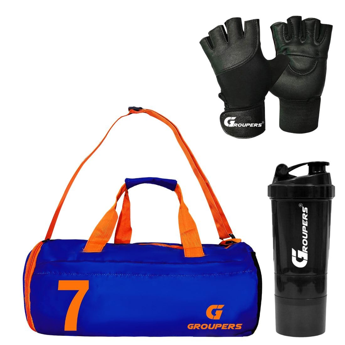 Groupers Blue 2025L Gym Bag Combo  Duffle (432523 Cm) With Shoe Compartment + 500Ml Shaker & Ventilated Wrist Wrap Gloves, Fol