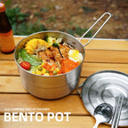Denpetec Stainless Steel Camping Cook Pot With Lid And Folding Handle Camping Cookware 1.5L Large Capacity Bento Pot For Camping