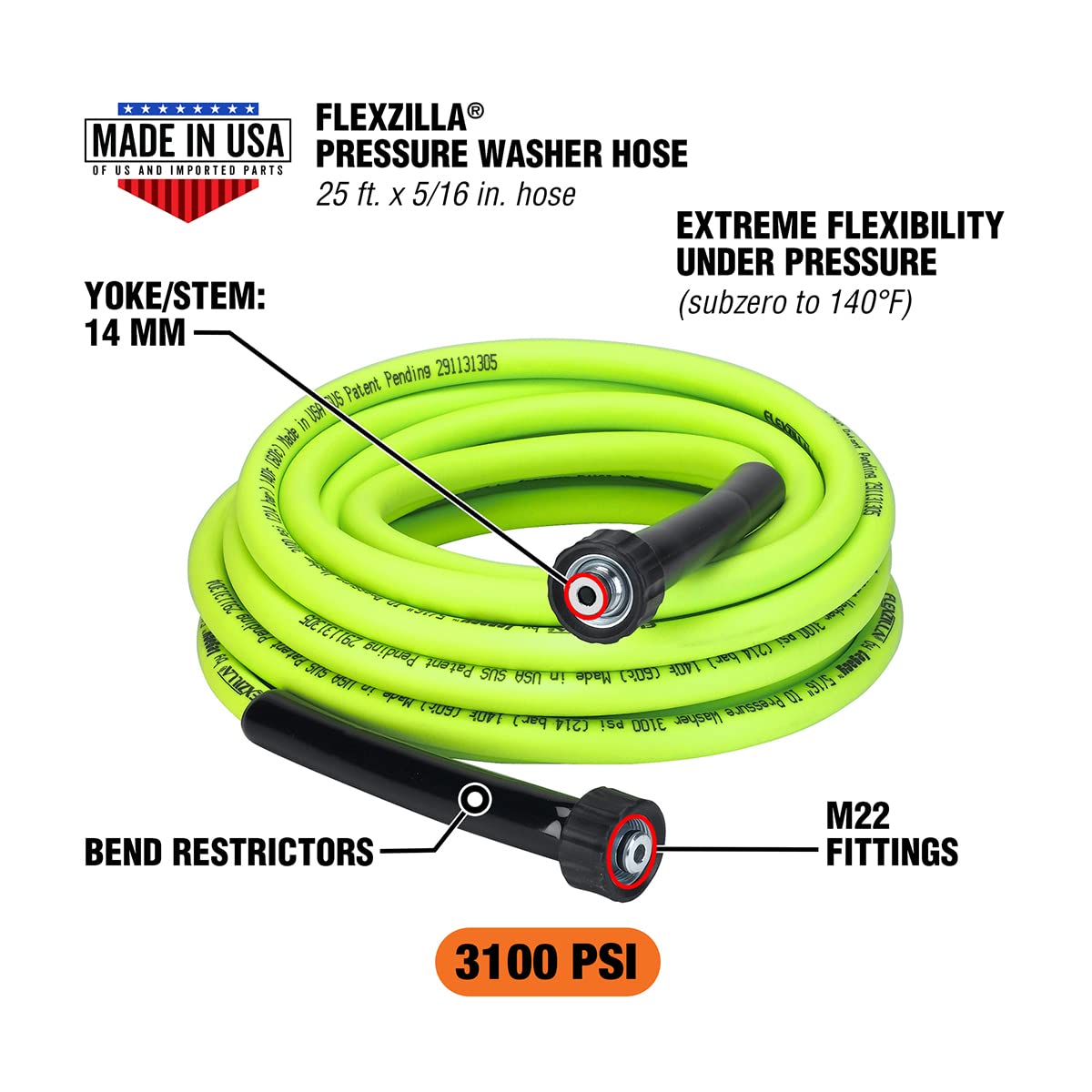 Flexzilla Pressure Washer Hose 516 25 M22 3100Psi, Zillagreen - Hfzpw3525M-E