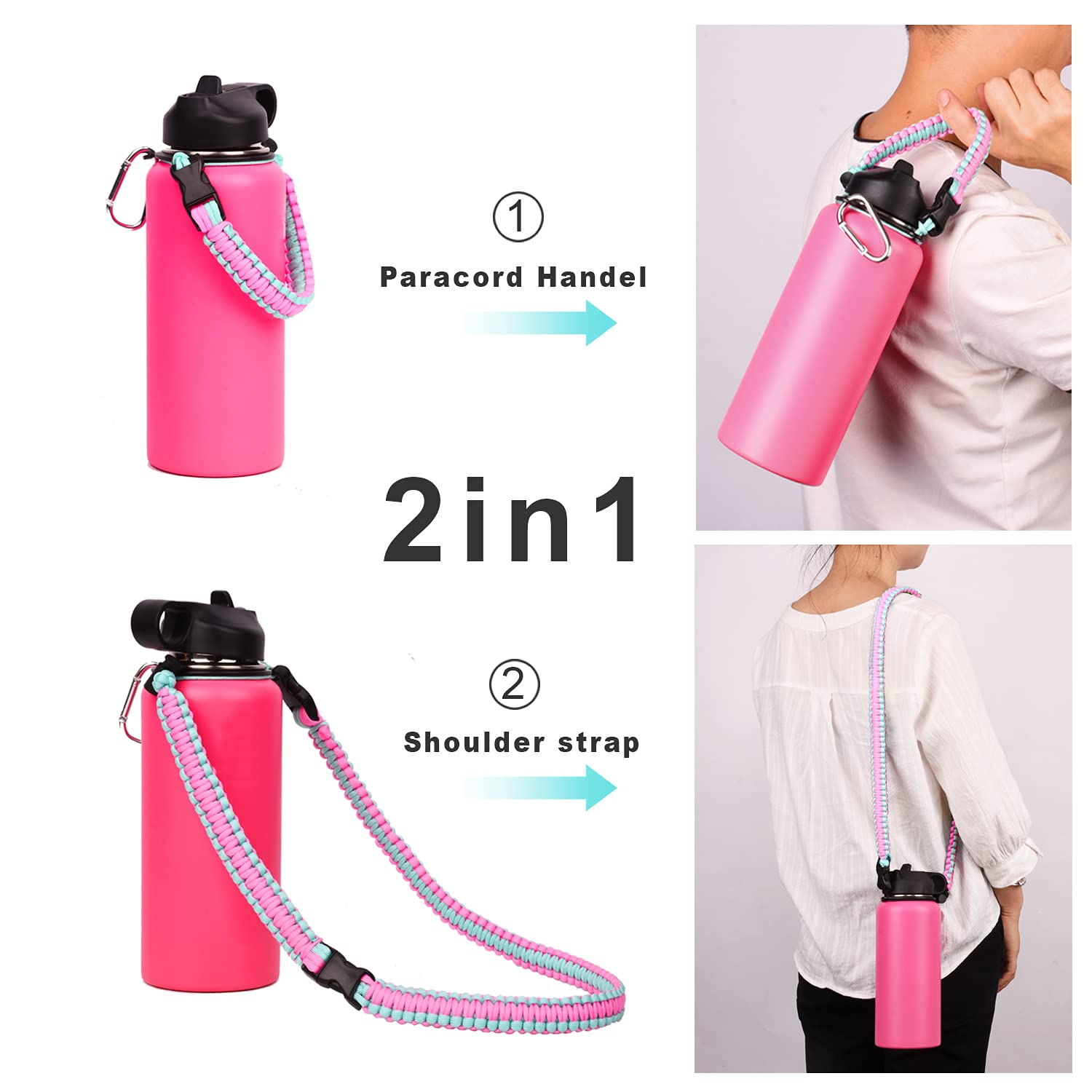 Wongeto Paracord Handle With Shoulder Strap,Compatible With Hydro Flask Wide Mouth Water Bottles 12Oz - 64 Oz (Not Compatible Fo