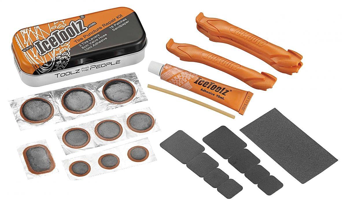 Icetoolz Bicycle Tire Puncture Repair Kit | Patch Tool Road Emergency | Orange Tin Box