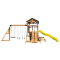 Backyard Discovery Endeavor II All Cedar Wood Swing Set Playset for Backyard with Yellow Wave Slide Climbing Wall with Rope Picn