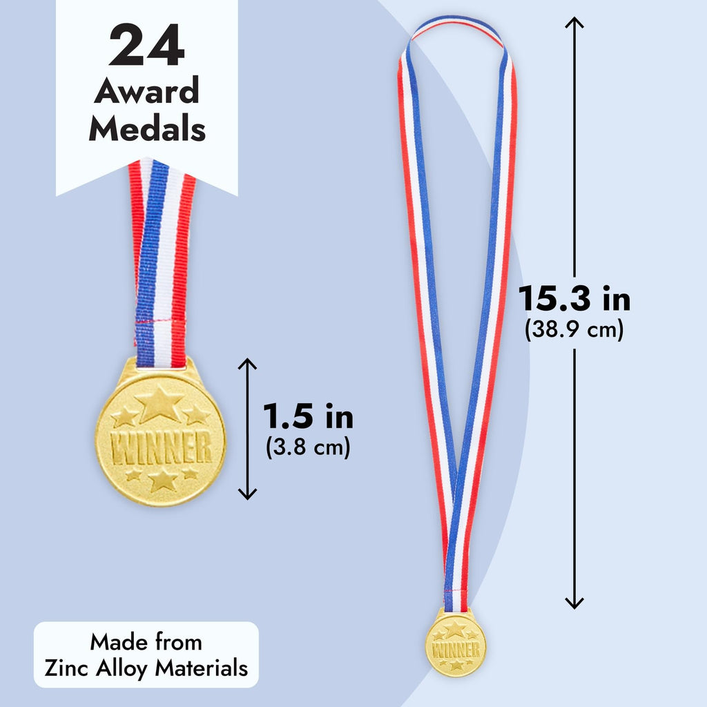 Juvale 24 Pack Gold Winner Medals For Kids And Adults - Participation Awards With 15.3-Inch Red, White, And Blue Neck Ribbons Fo