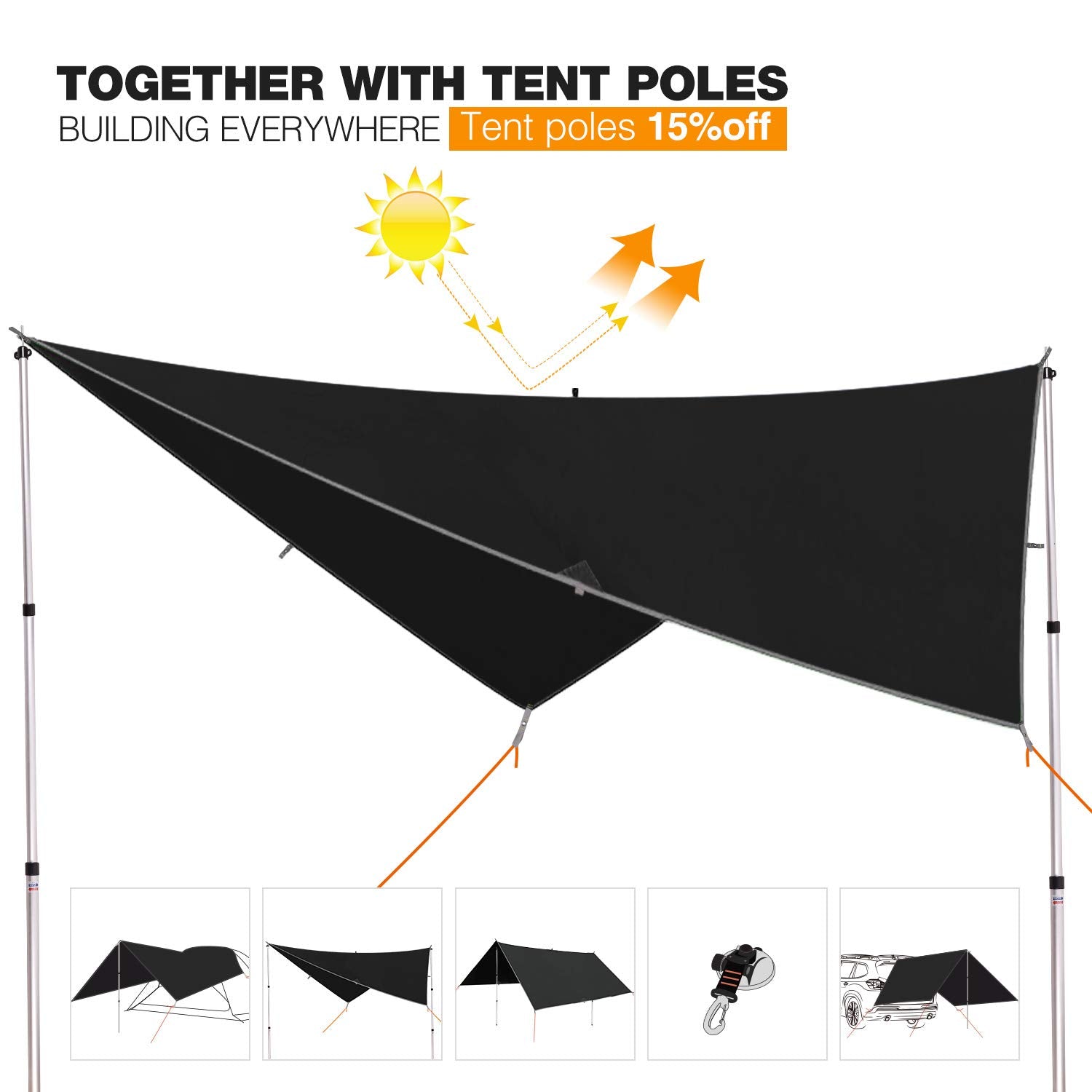 Redcamp Hammock Rain Fly Camping Tarp Waterproof, 10X10Ft Lightweight Backpacking Rain Tarp Shelter For Hiking Outdoor, Black