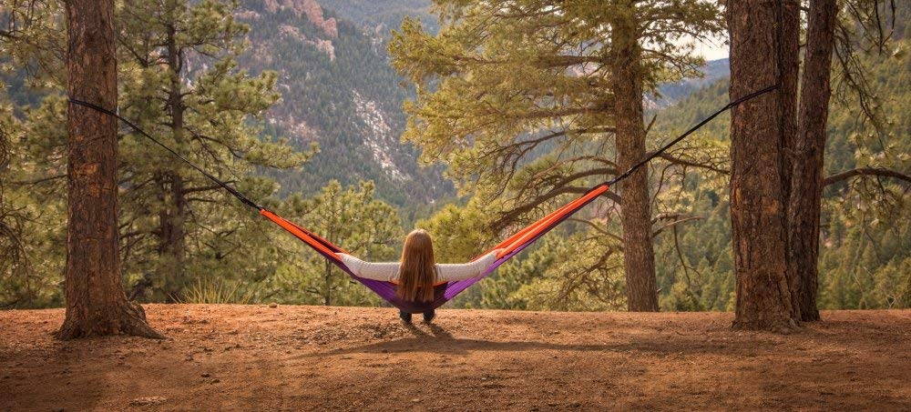 Thesunnysideshoppe Sunnysack Lightweight Heavy Duty Parachute Nylon Double Hammock With Tree Straps - Sunset (Purple/Orange)