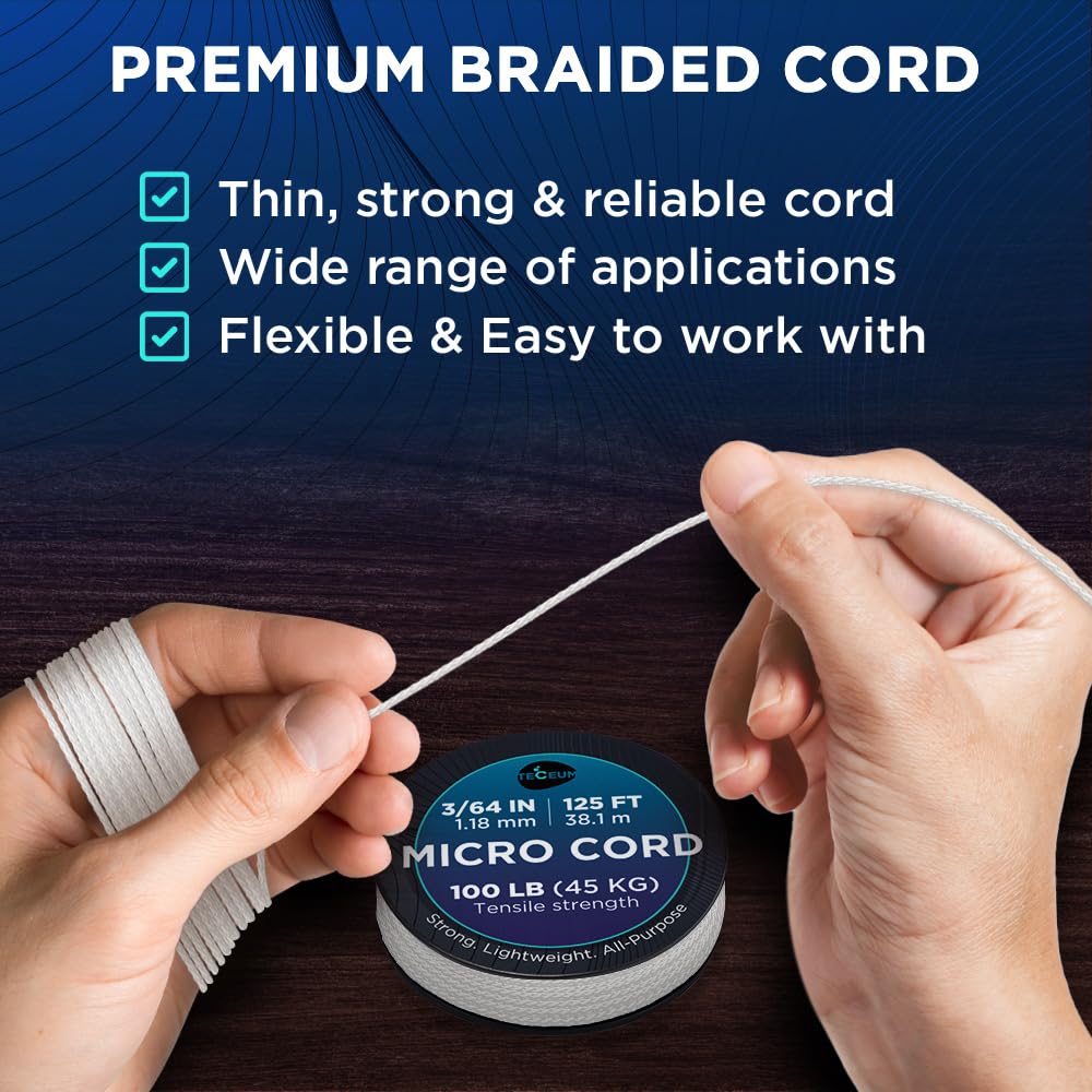 Teceum Micro Paracord - White - 1.18 Mm X 125 Ft - Micro Utility Cord - Thin Braided Paracord Rope Nylon Polyester - Wind Chime