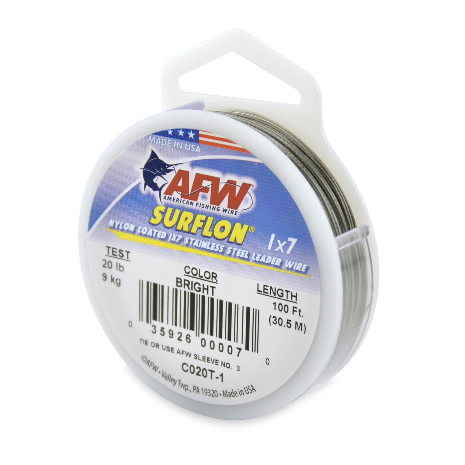American Fishing Wire Surflon, Nylon Coated 1X7 Stainless Steel Leader Wire, 20 Lb Test, .024 Diameter, Bright, 100 Ft