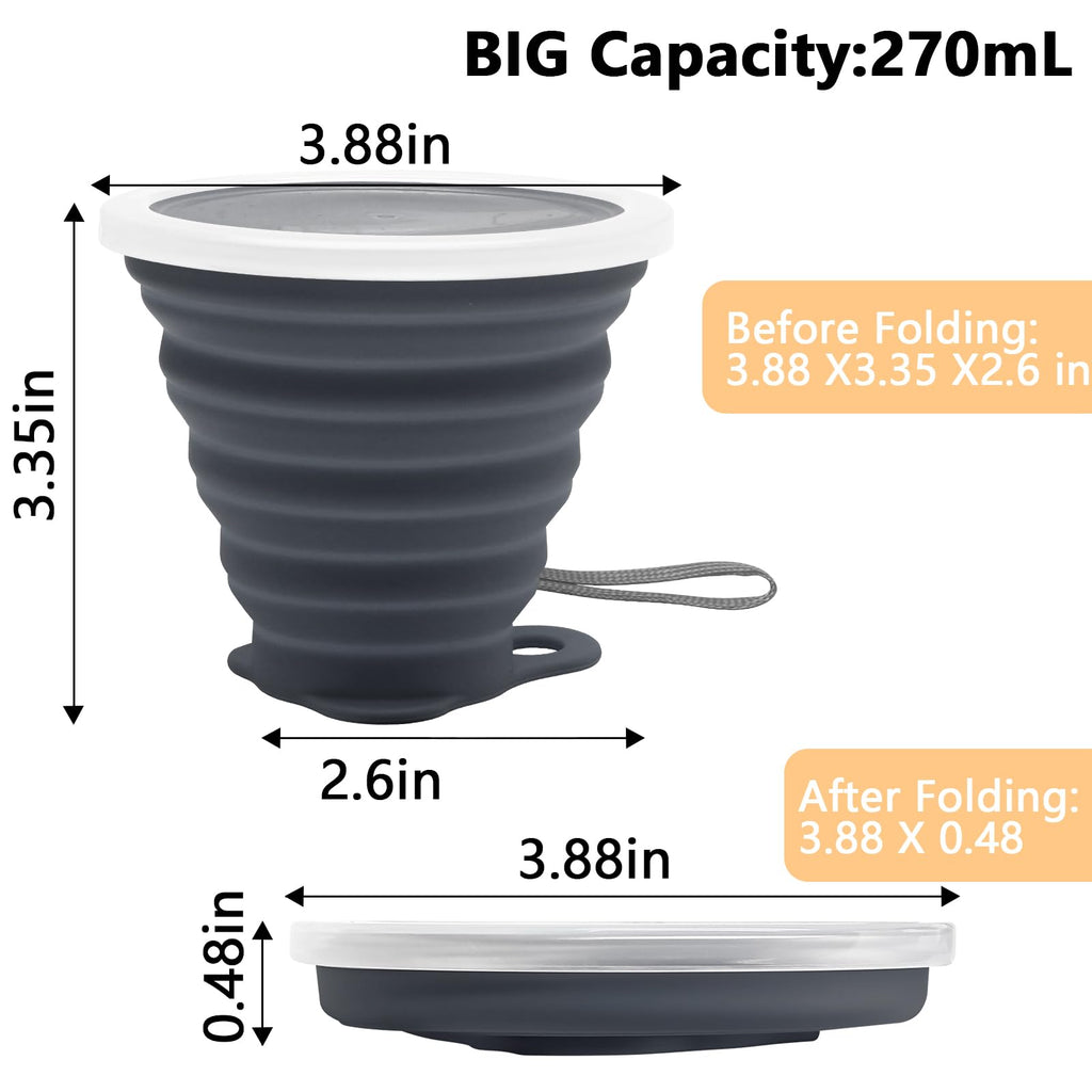 Litoexpe 4 Pack Silicone Collapsible Travel Cup Portable Folding Camping Cup Sets With Lids, Dark Gray & Pink & Navy Blue &Teal,
