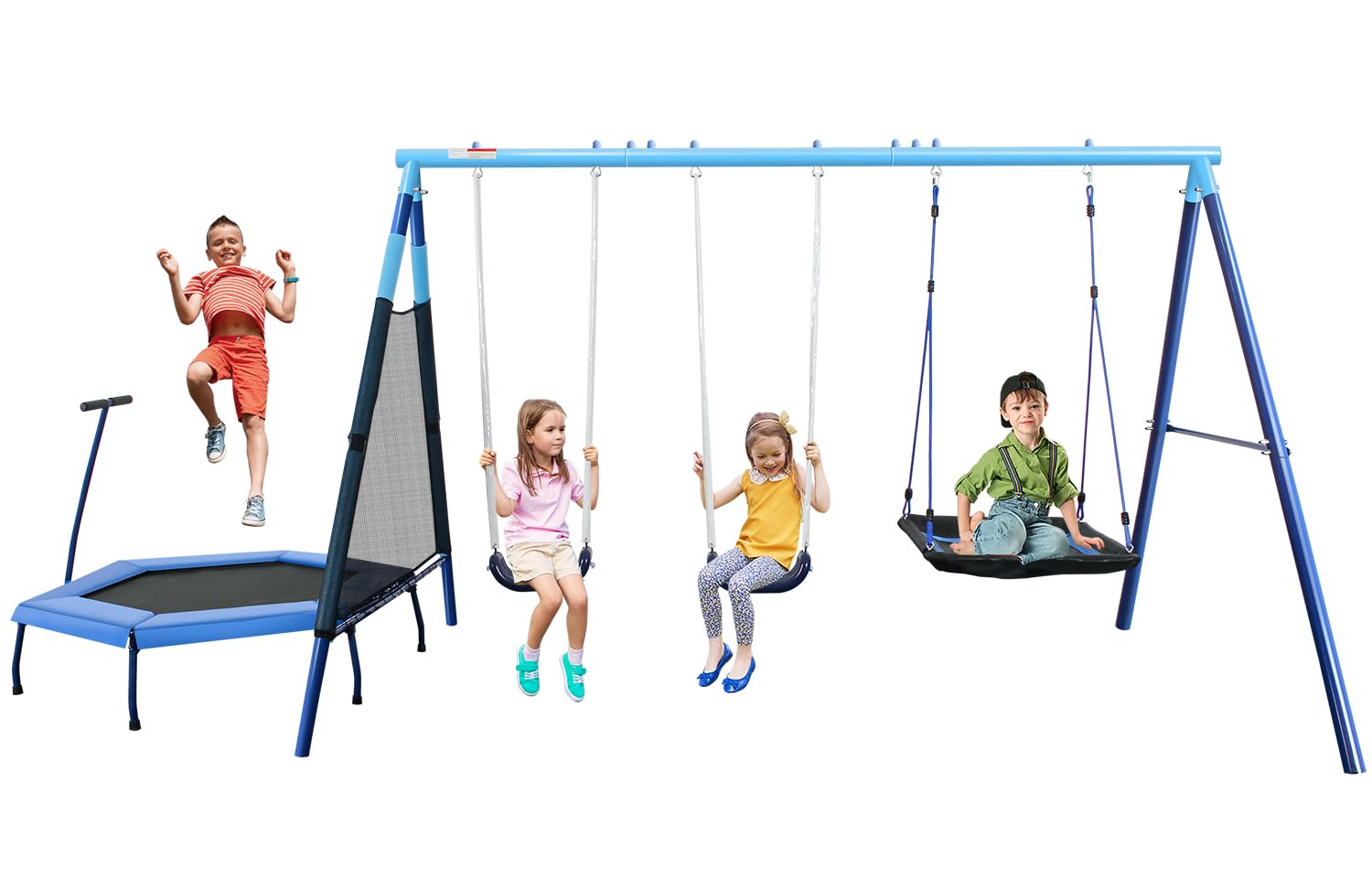 Metal Swing Sets with 47 Trampolines, Playground Swing-Sets for Backyard, 35 Square Swing, 2 * 14 Shape Belt Swing, 500lbs Heavy