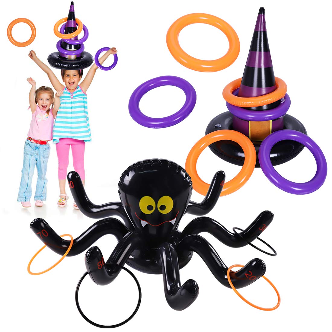 Max Fun Halloween Ring Toss Games Inflatable Spiders Ring Toss Witchs Hat Toss Game For Kids Halloween Party Favors Indoors Outd