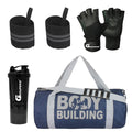Groupers Gym Bag Set  2025L Blue Duffle With Shoe Pocket + Wrist Band, Weightlifting Gloves & LeakProof 500Ml Shaker, Waterpr