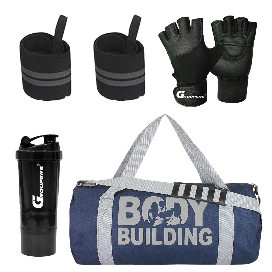 Groupers Gym Bag Set  2025L Blue Duffle With Shoe Pocket + Wrist Band, Weightlifting Gloves & LeakProof 500Ml Shaker, Waterpr