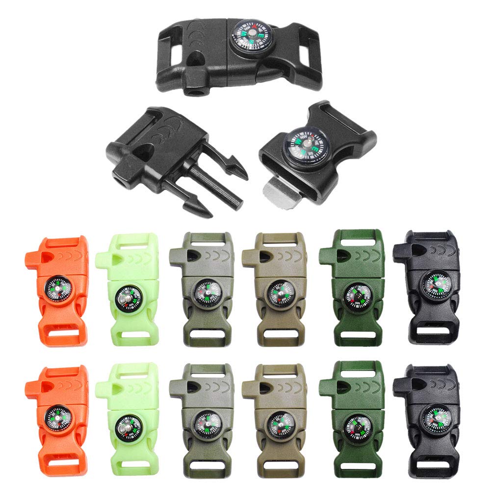 12Pcs Pack Mix Colors 5/8'' Compass Flint Scraper Fire Starter Whistle Buckle Plastic Paracord Bracelet Outdoor Camping Emergenc