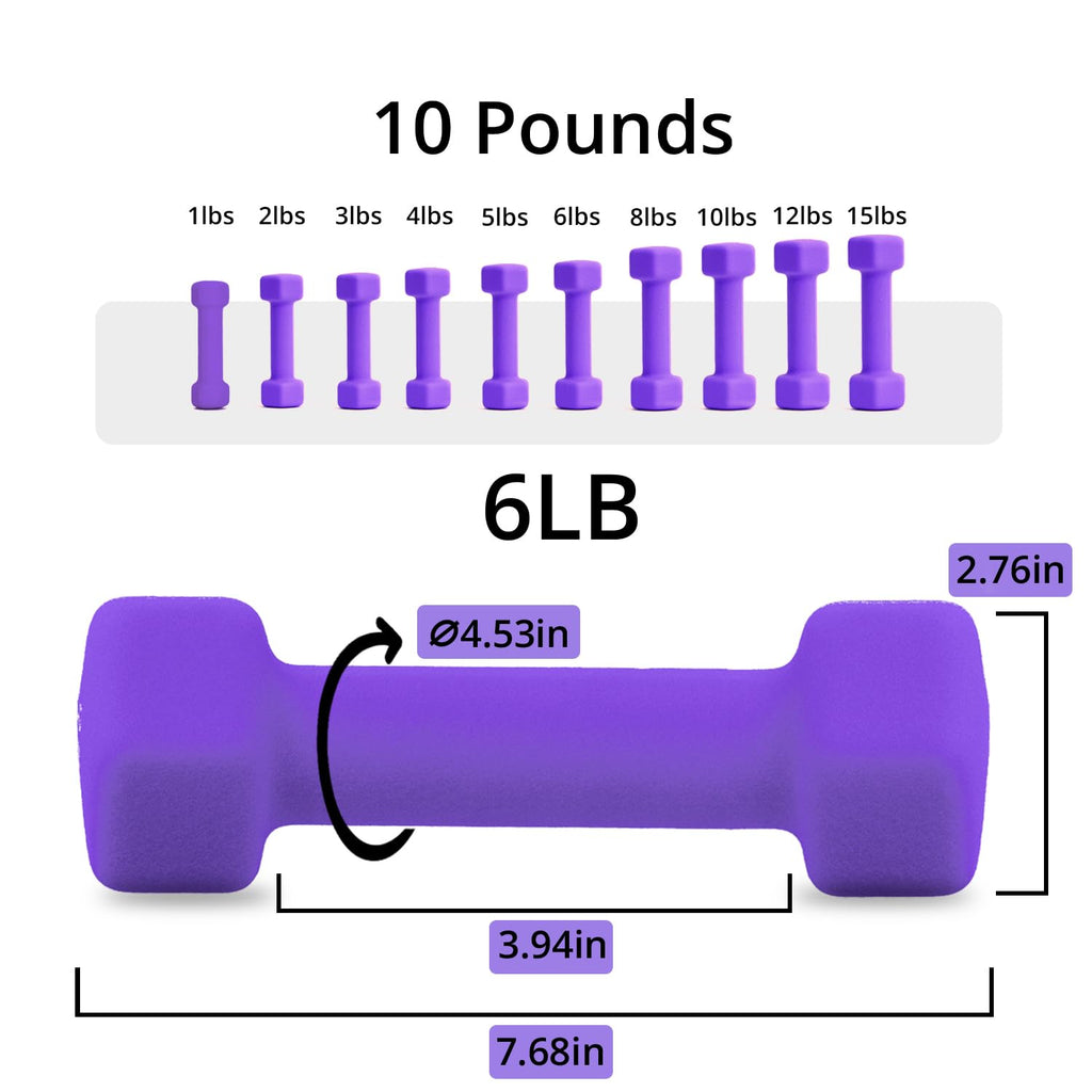 Set Of 2 Neoprene Dumbbell Hand Weights, Anti-Slip, Anti-Roll, Purple (Neoprene Dumbbells)
