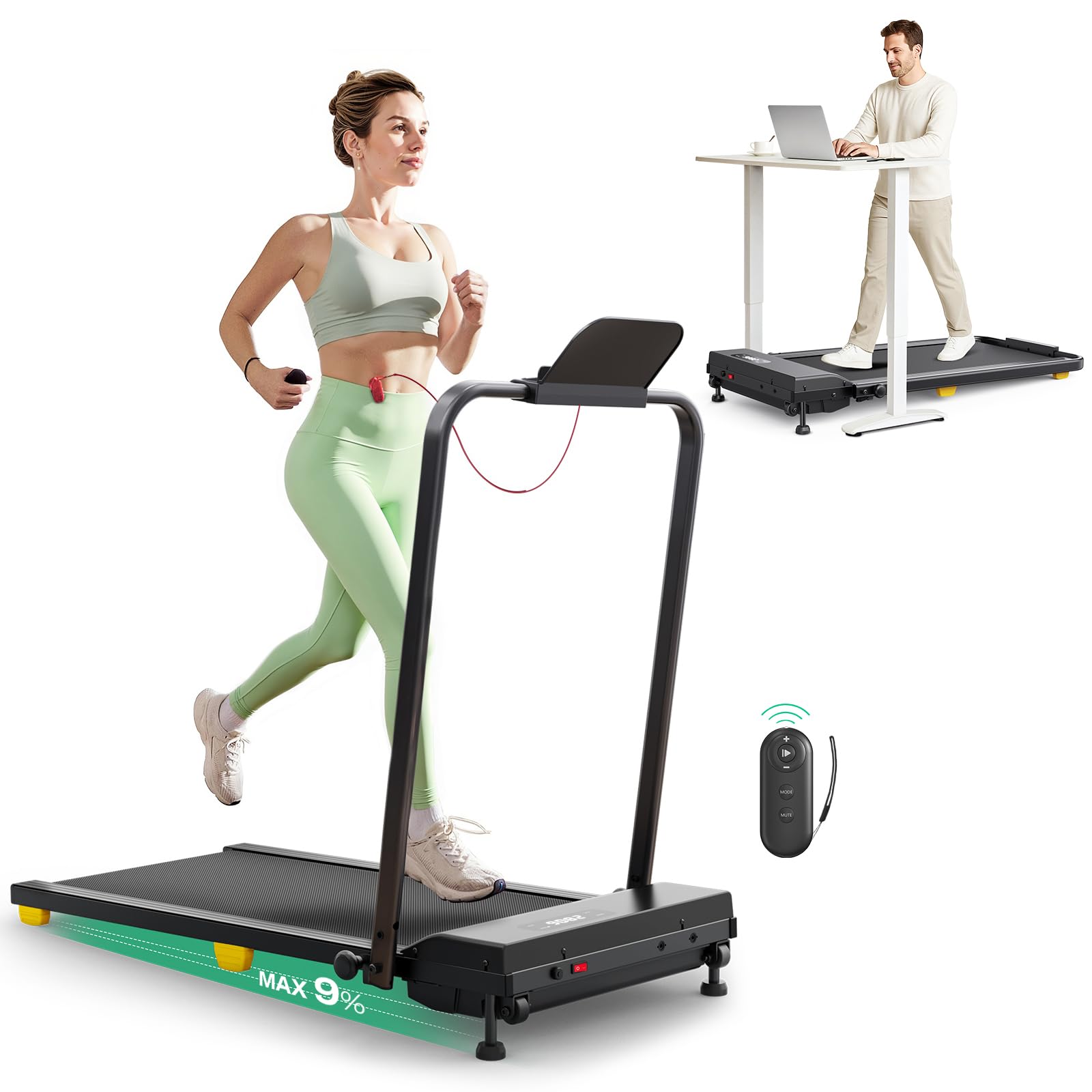 Urevo Walking Pad, 9% Incline Under Desk Treadmill With Hiit Program For Home And Office, 3 In 1 Foldable Treadmill With Remote