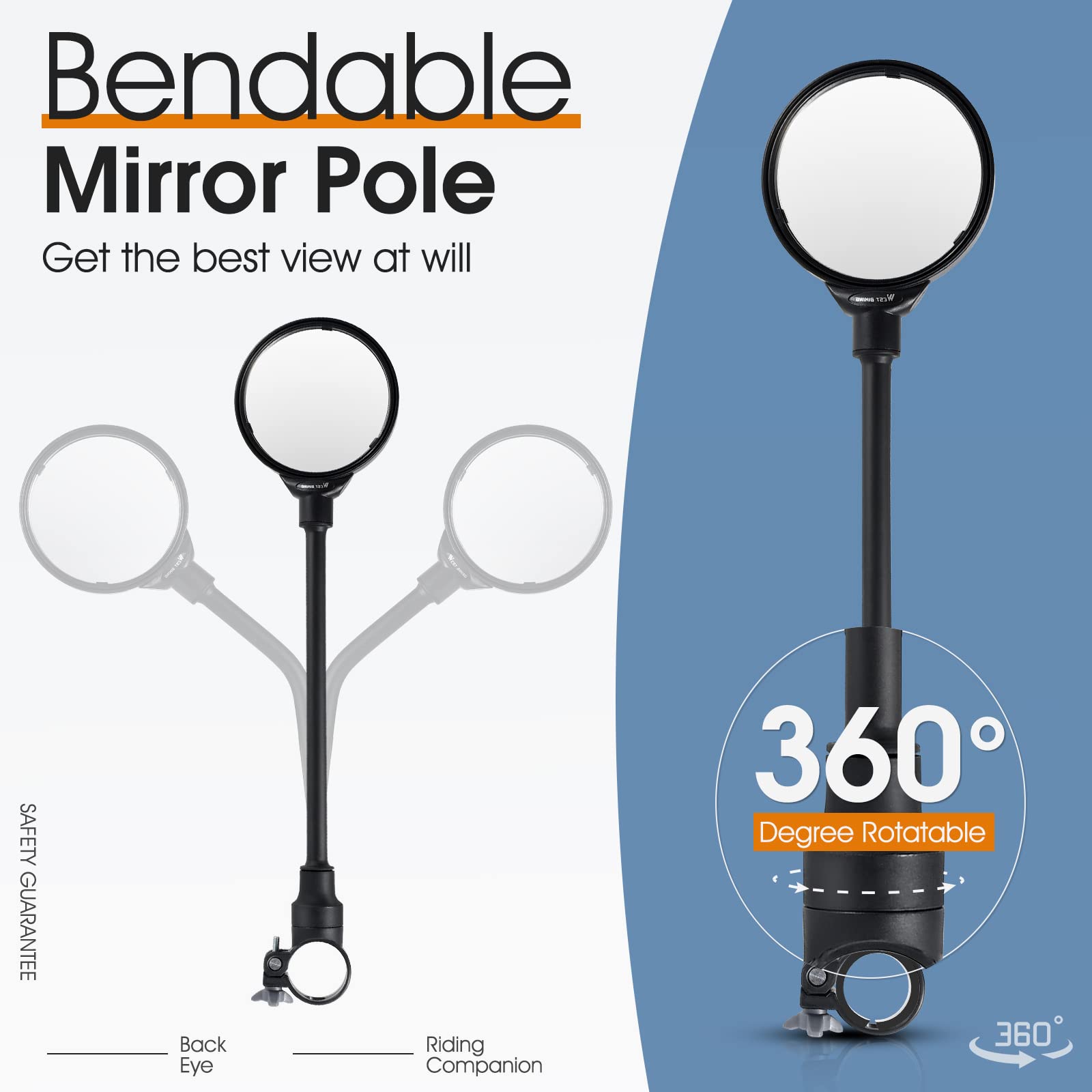 West Biking Bike Mirror Handlebar Mount, Adjustable Rotatable Bicycle Rear View Mirror, Wide Angle Acrylic Convex Safety Mirror