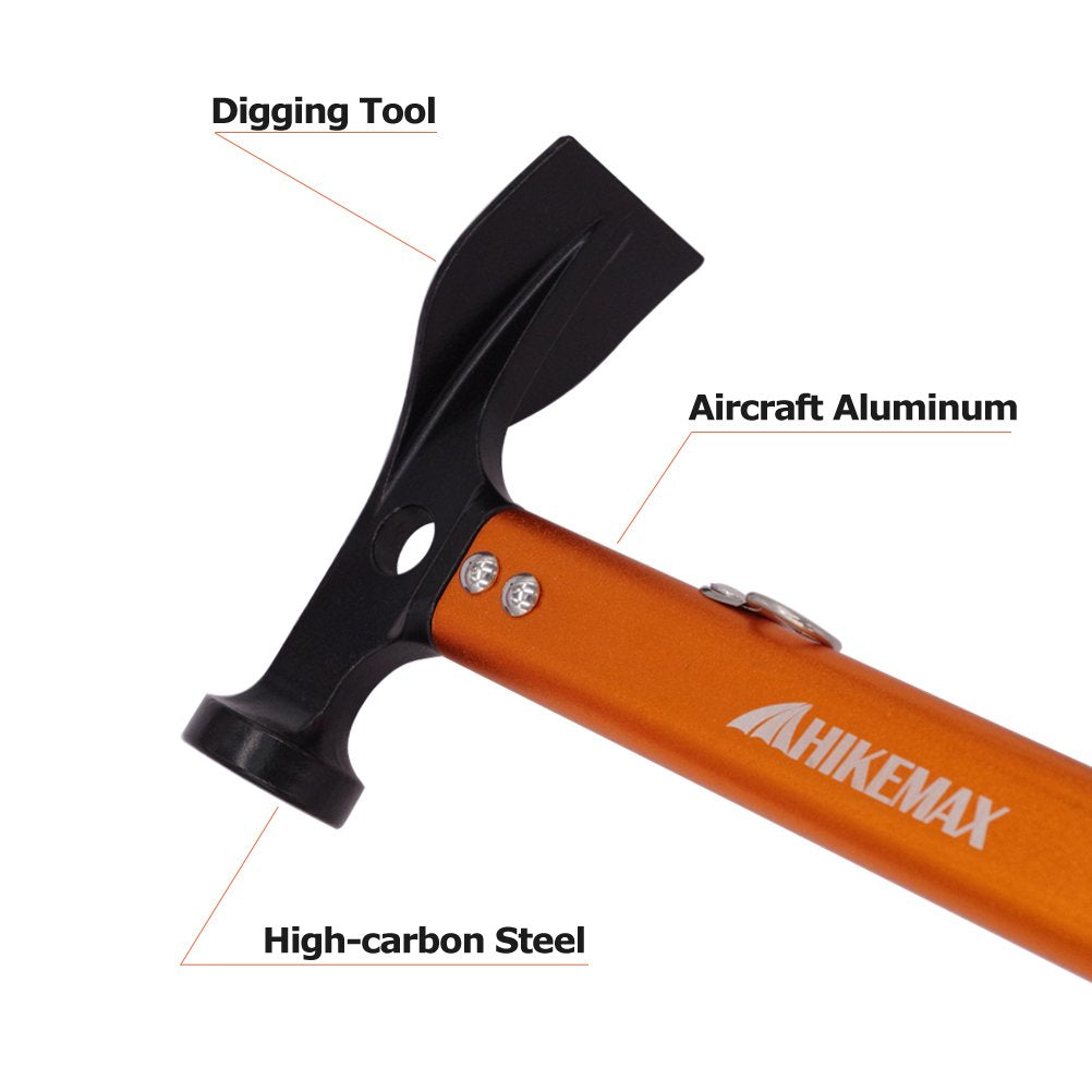 Hikemax Lightweight Outdoor Camping Hammer Aluminum Tent Hammer With Tent Stake Remover, 13-Ounce, Orange