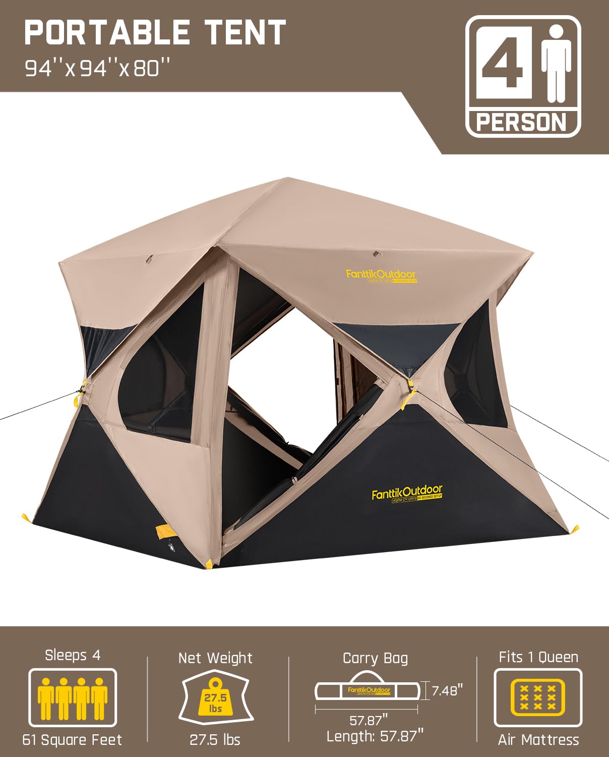 Fanttikoutdoor Alpha C4 Ultra Camping Tent 4 Person Pop Up Instant Cabin Setup In 60 Seconds Portable Hub Tent With Rainfly & Wi
