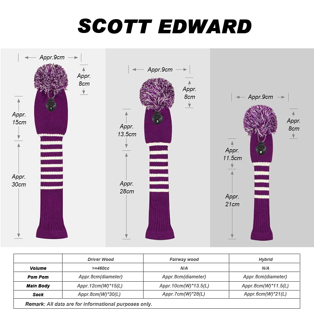 Scott Edward Stripes Style Knitted Golf Club Head Covers Set Of 3, Fit For Driver Wood(460Cc), Fairway Wood, Hybrid(Ut), For Men