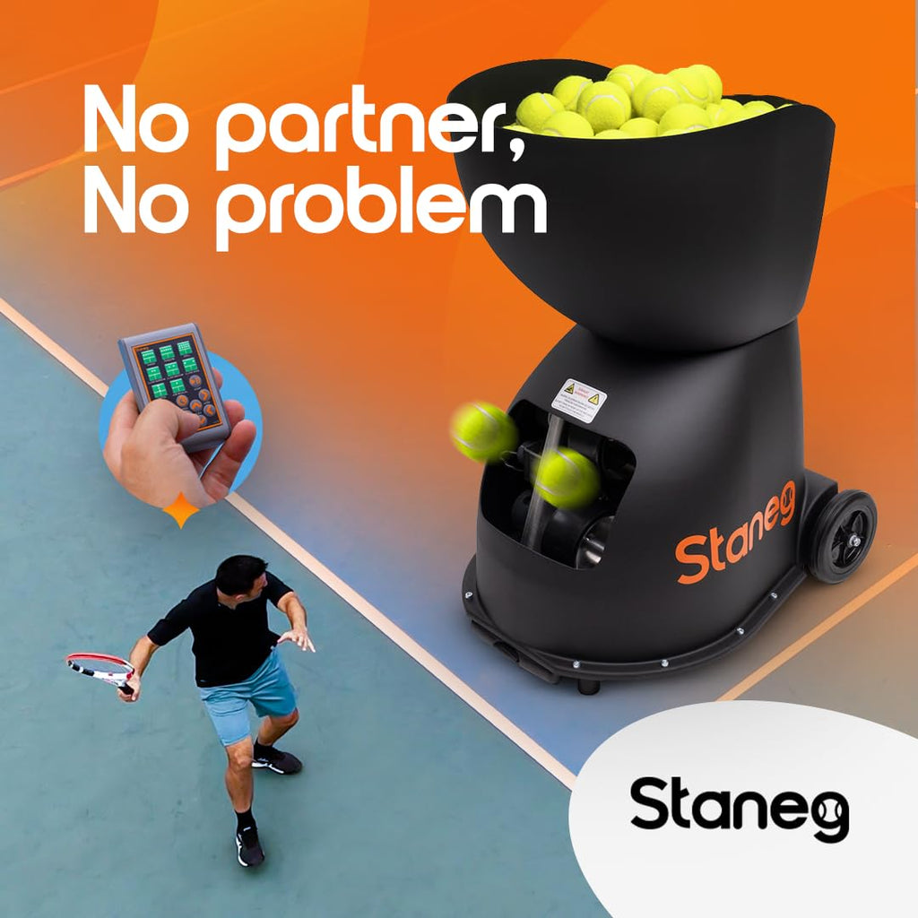 Staneg Pro Tennis Ball Machine - Battery-Powered Portable Launcher With Remote Control | 9 Training Programs | Adjustable Spin &