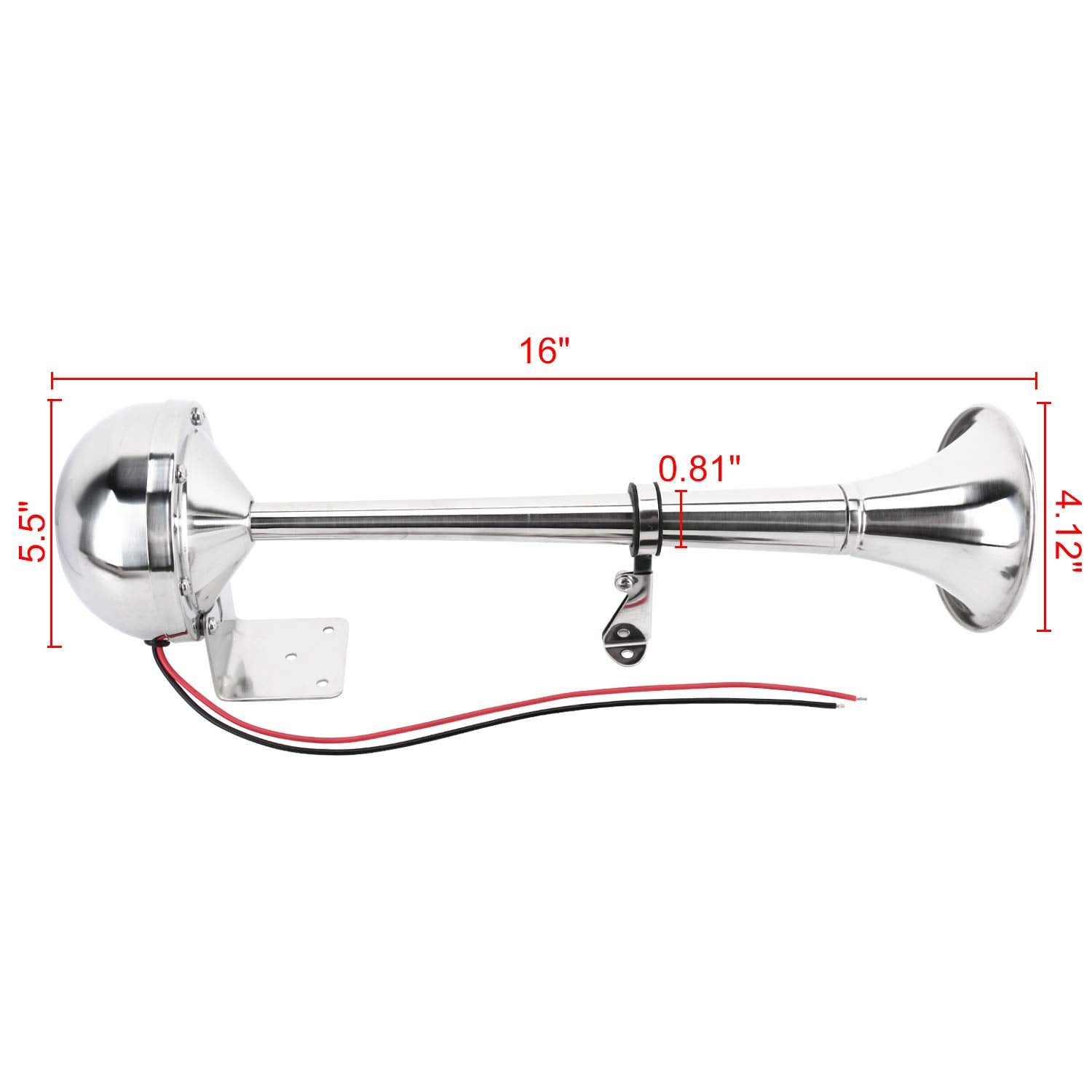 Amarine Made 12V Marine Boat Horn 115Db Stainless Steel Single Trumpet Horn For Ship Truck Rv Trailer, Low Tone, 16-1/8''