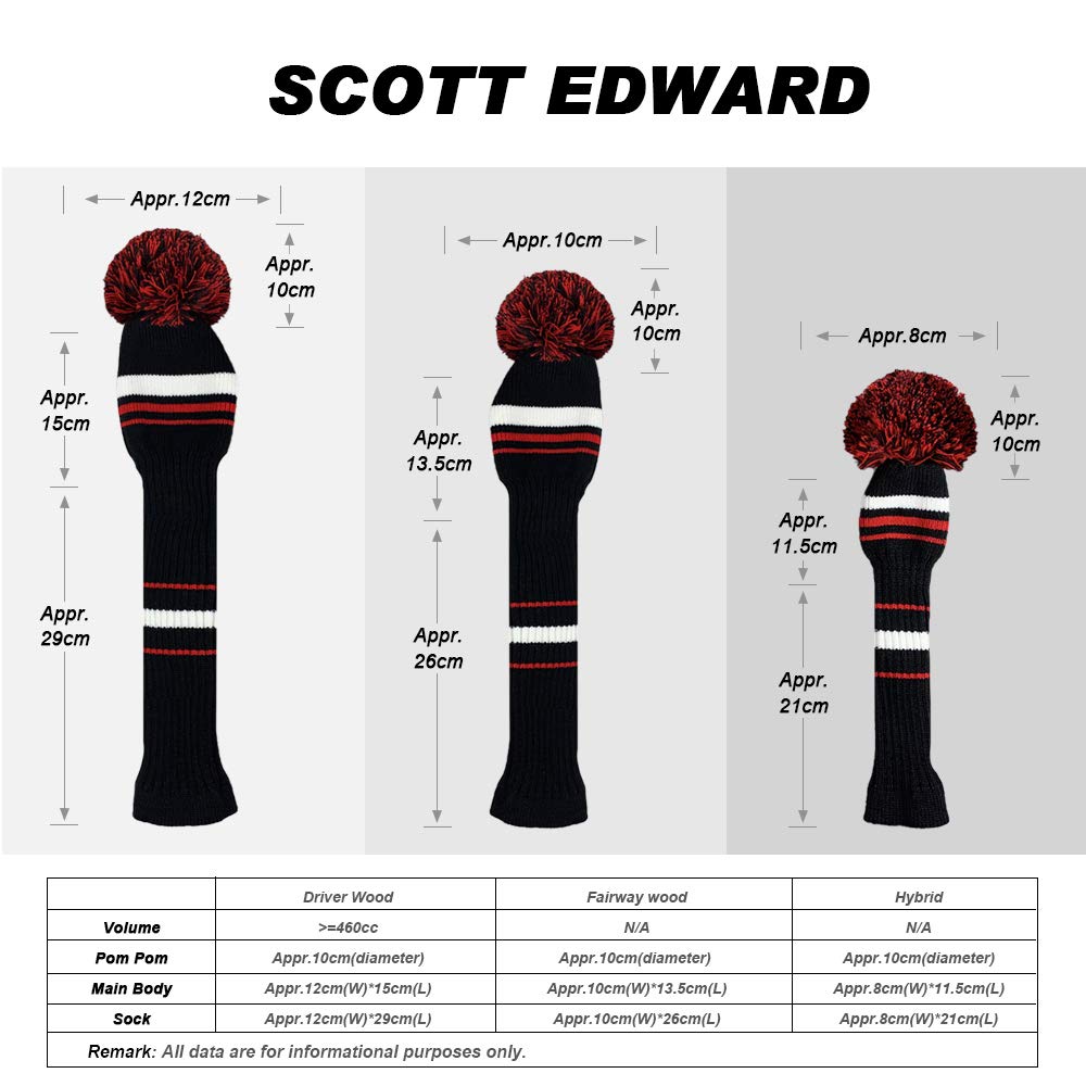 Scott Edward Black White Red Stripes Golf Headcover Set 4 For Driver Wood/Fairway Wood And Hybrid