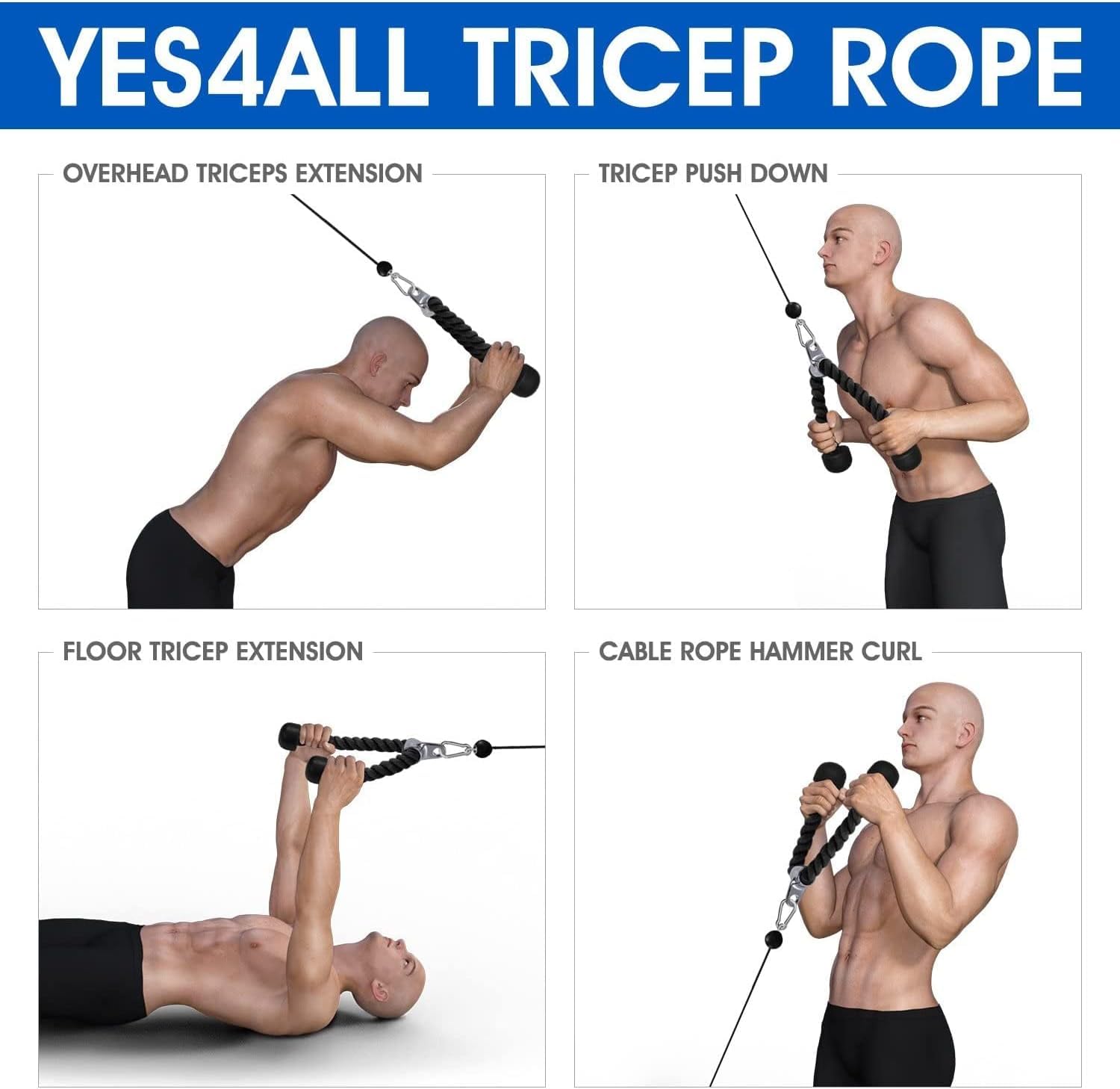 Yes4All Deluxe Red Black Tricep Rope 27 Inches Black Cable Attachment, Pulley System Gym Pull Down Rope With Carabiner, Exercise
