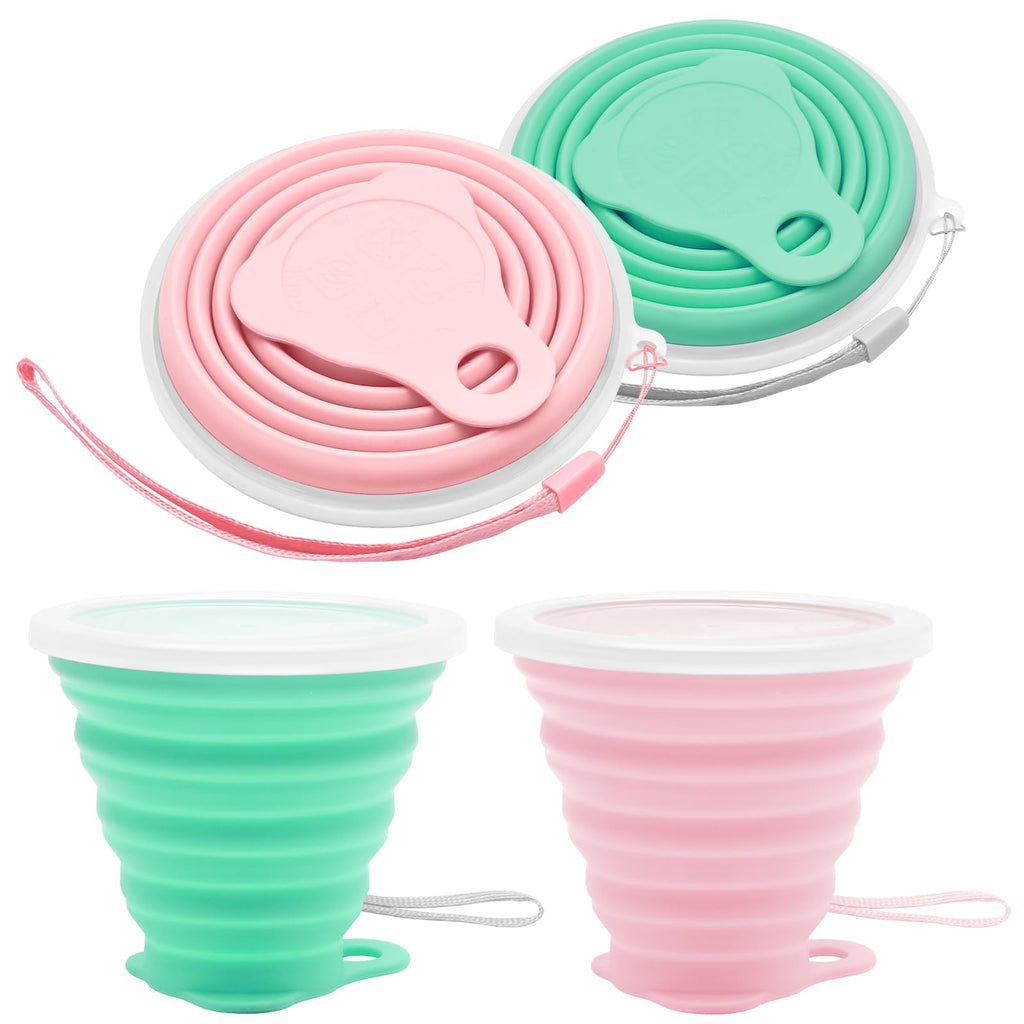 Litoexpe 2 Pack Silicone Collapsible Travel Cup Portable Folding Camping Cup Sets With Lids, Pink & Green, Capacity 9.22Oz (270M