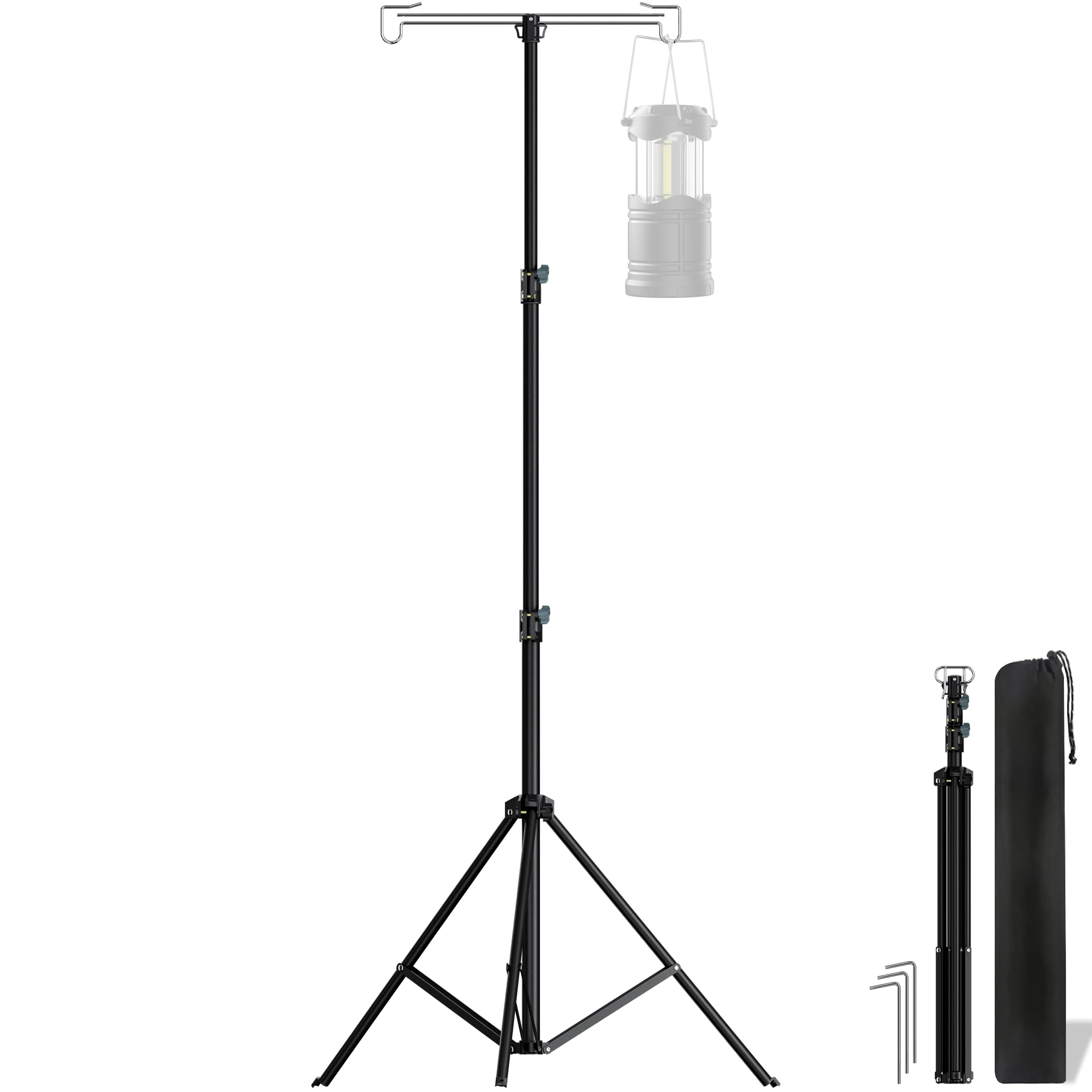 JSDOSREO Telescopic Height Adjustable Camping Lantern Tripod Stand - 2-Hook Lantern Hanger for Outdoor Camping/RV/Tent (1, 2.1m)