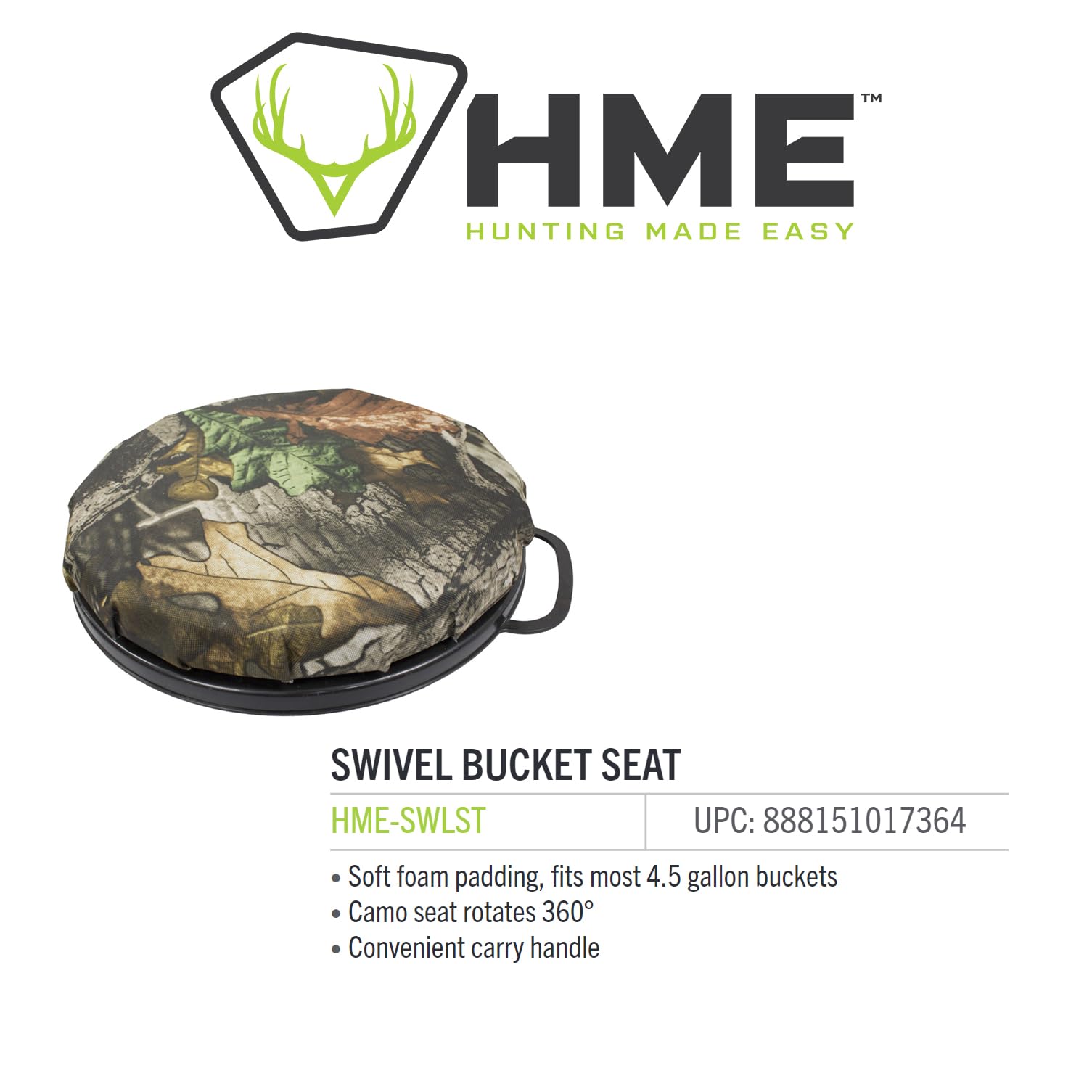 Hme 360 Rotating Versatile Quiet Swivel Bucket Seat With Convenient Carry Handle - 350 Lb Weight Capacity; 2'' Height; Fits 4.5