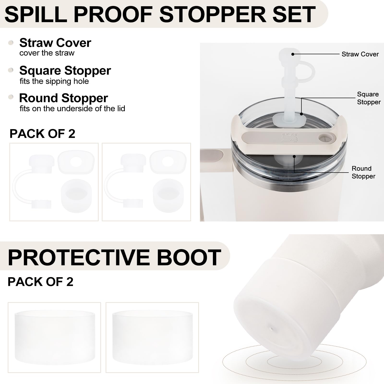 HYZ 8 Piece Accessories for Stanley Cup, Silicone Spill Proof Stopper Set and Protective Boot Including Straw Cover Cap for Stan