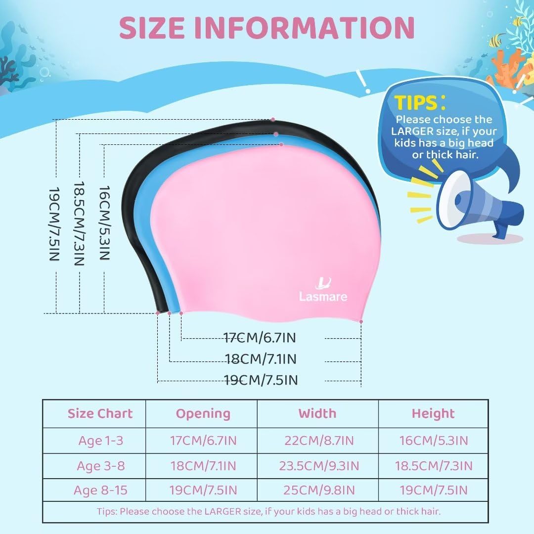 Kids Long Hair Swim Cap For Girls Boys, 3 Size Silicone Swimming Cap For Age 1-15 Toddler Children Teens, Waterproof Swim Hats B