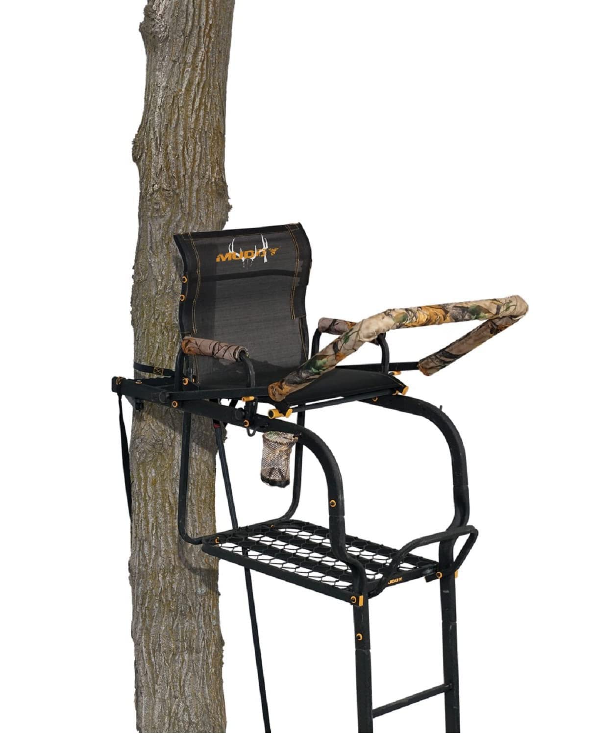 Muddy Odyssey XTL Ladder Stand - 20 Height Durable Steel Outdoor Hunting Silencer Technology Tree Stand with Padded Flip-Back S