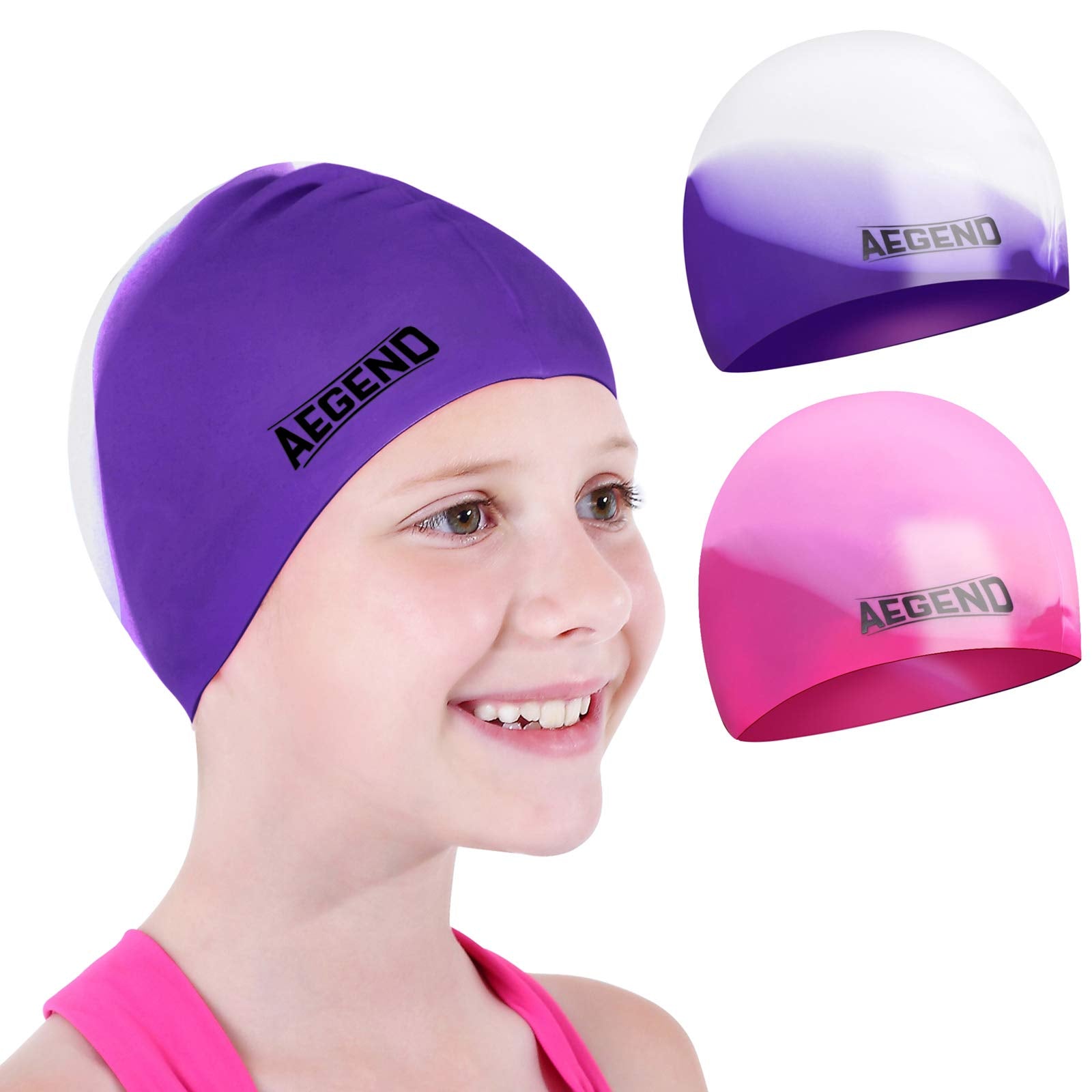 Aegend Kids Swim Cap (Age 8-12), 2 Pack, Purple & Pink