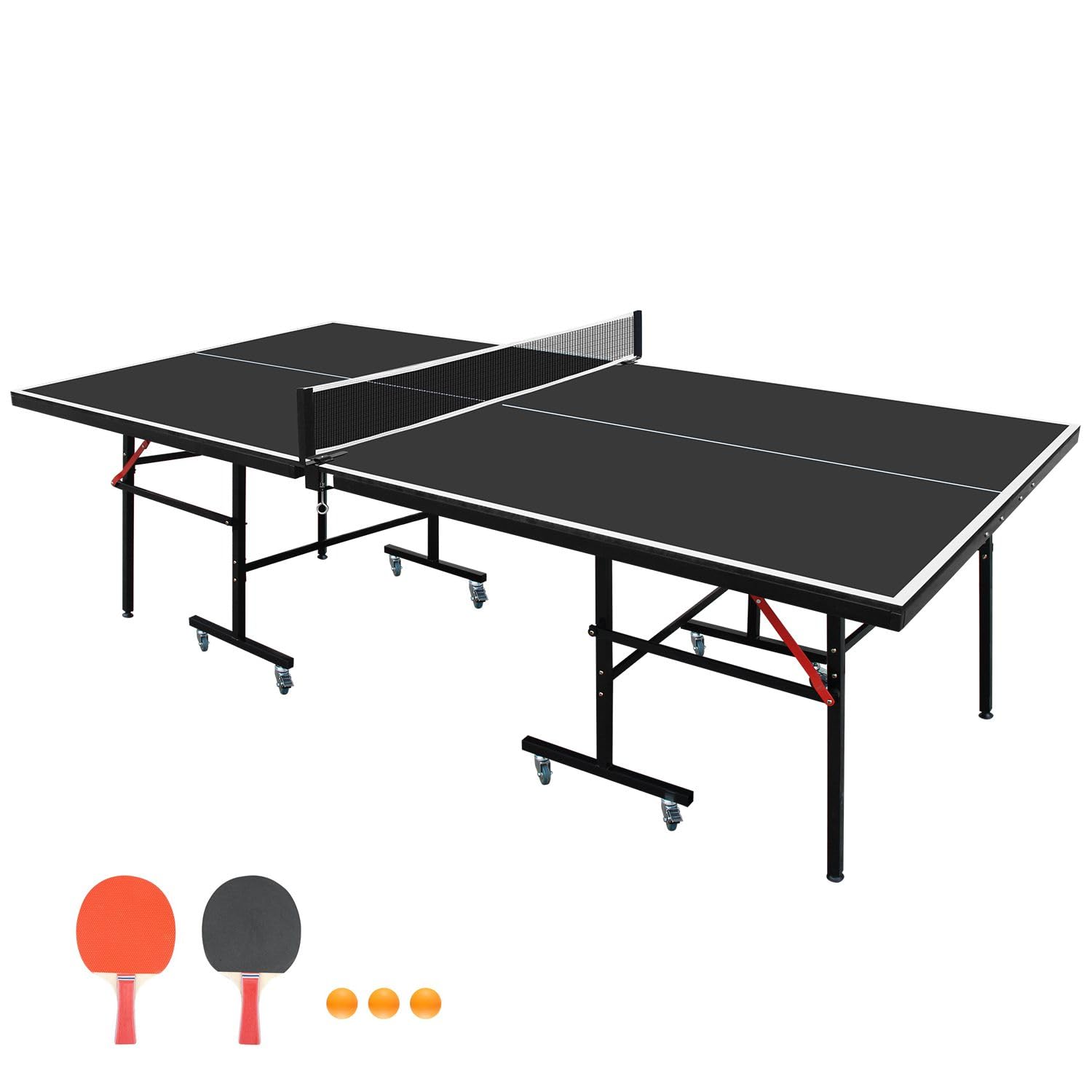 Ping Pong Table Foldable Indoor 8FT Single Player Playback Mode Game Set with Paddles and Balls (Black-8x4FT-Wheels)