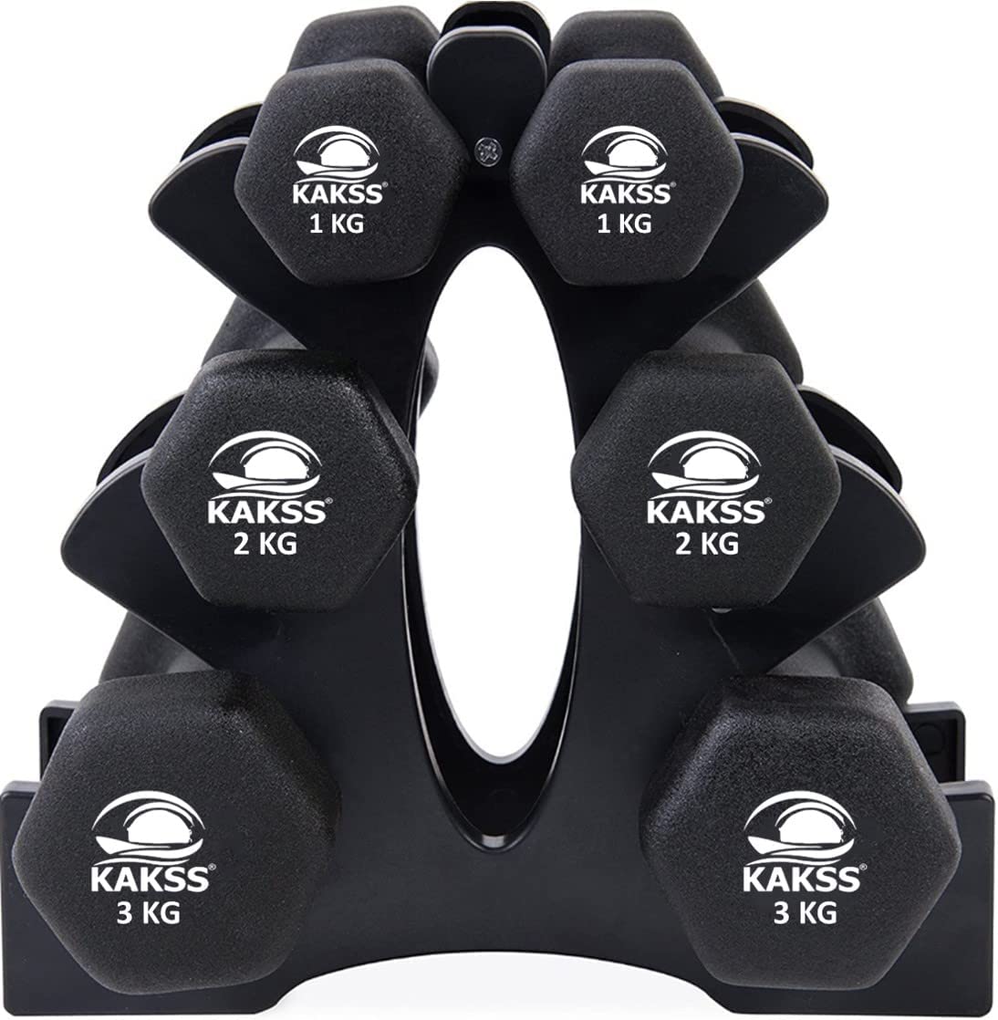 Kakss Neoprene Dumbbell With Stand (Multicolor) (12Kg(1Kg+2Kg+3Kg Pair) Black